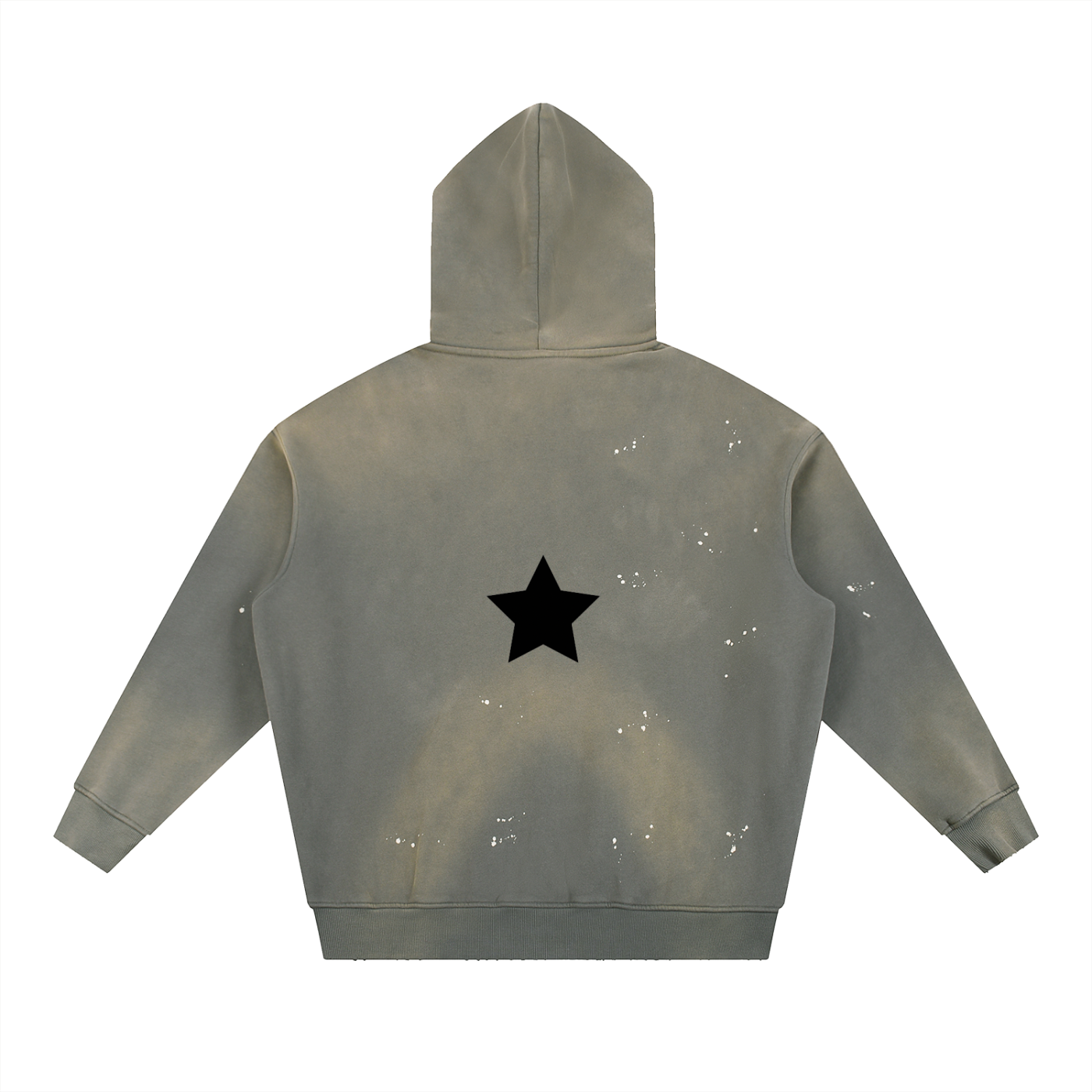 Gray hoodie with a black star on the back against a white background