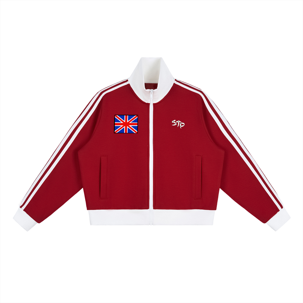 Red jacket with white stripes and a British flag patch on a white background