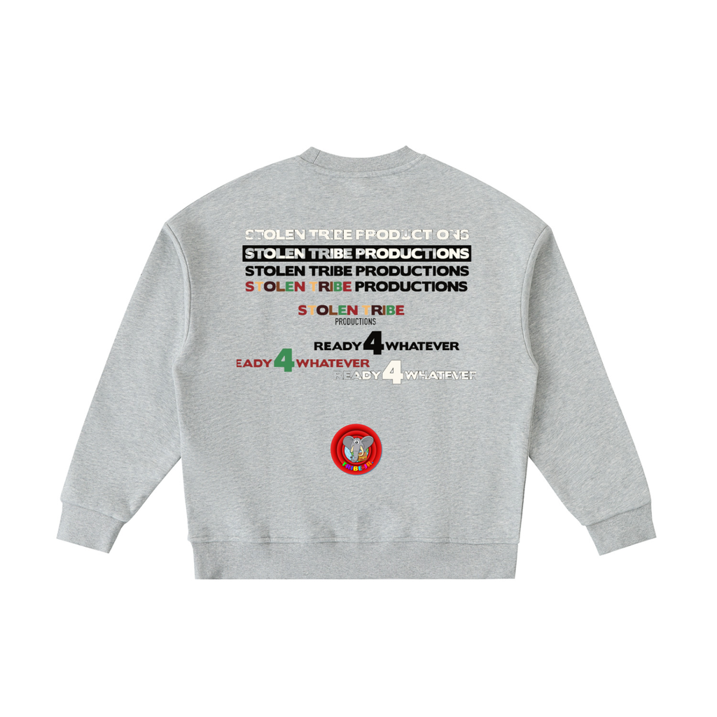 Gray sweatshirt with text and logo on the back against a white background