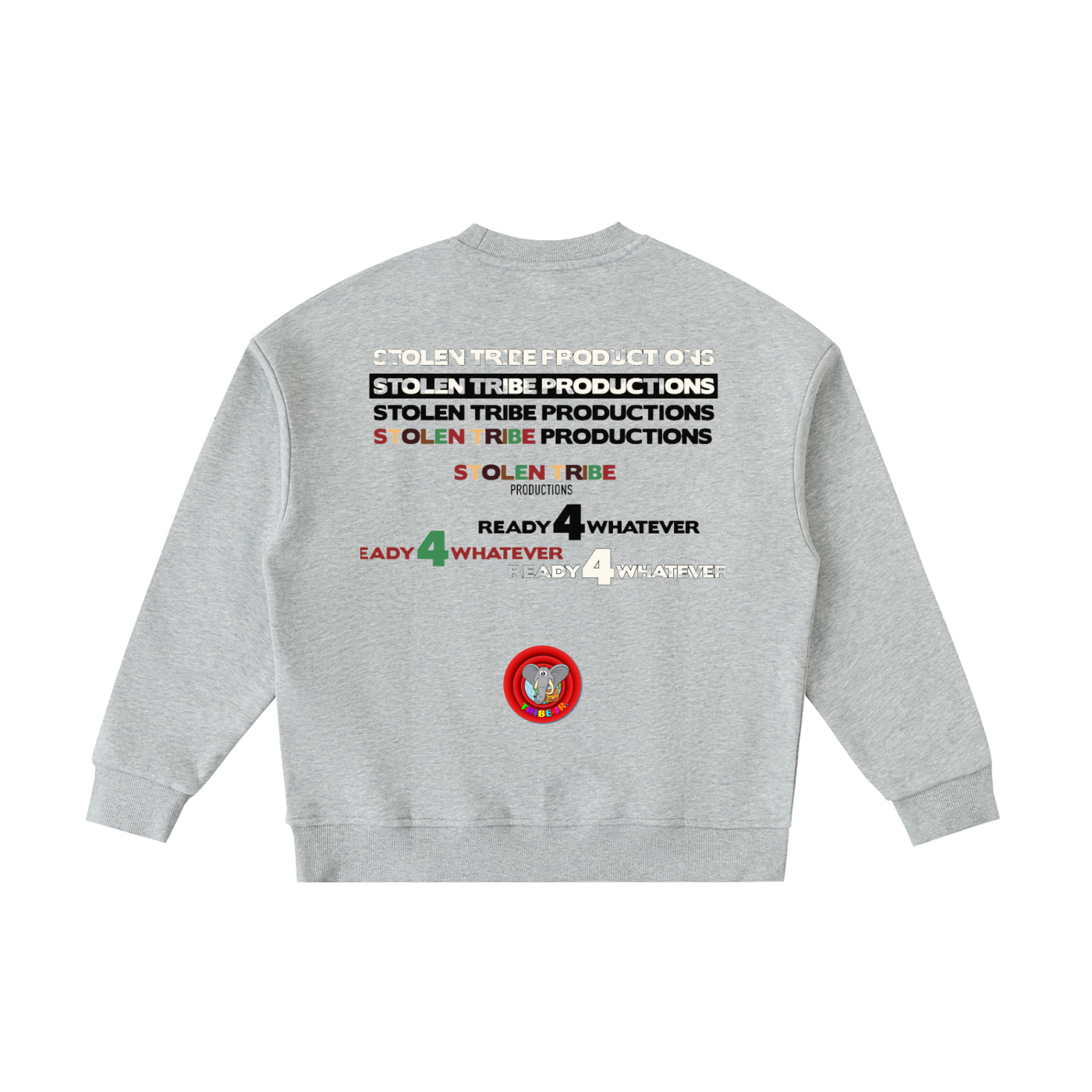 Gray sweatshirt with text and logo on the back against a white background