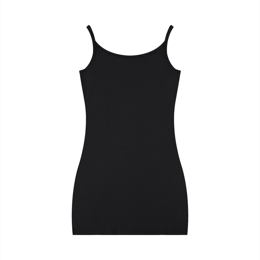 Black slip dress on a white background
