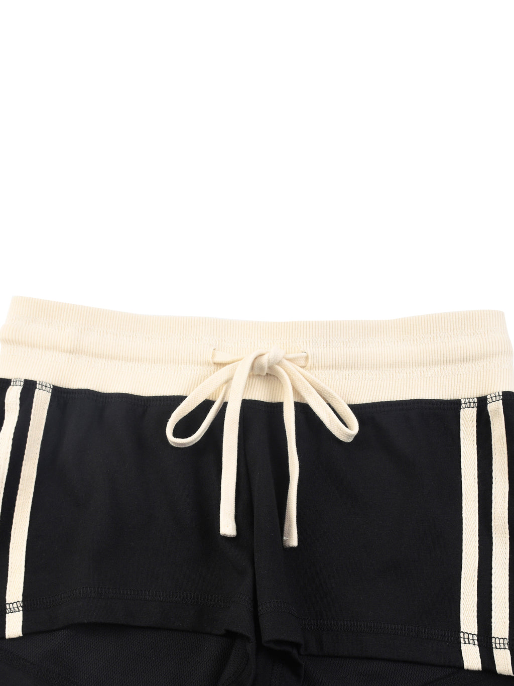 Black shorts with white drawstring and trim on a white background