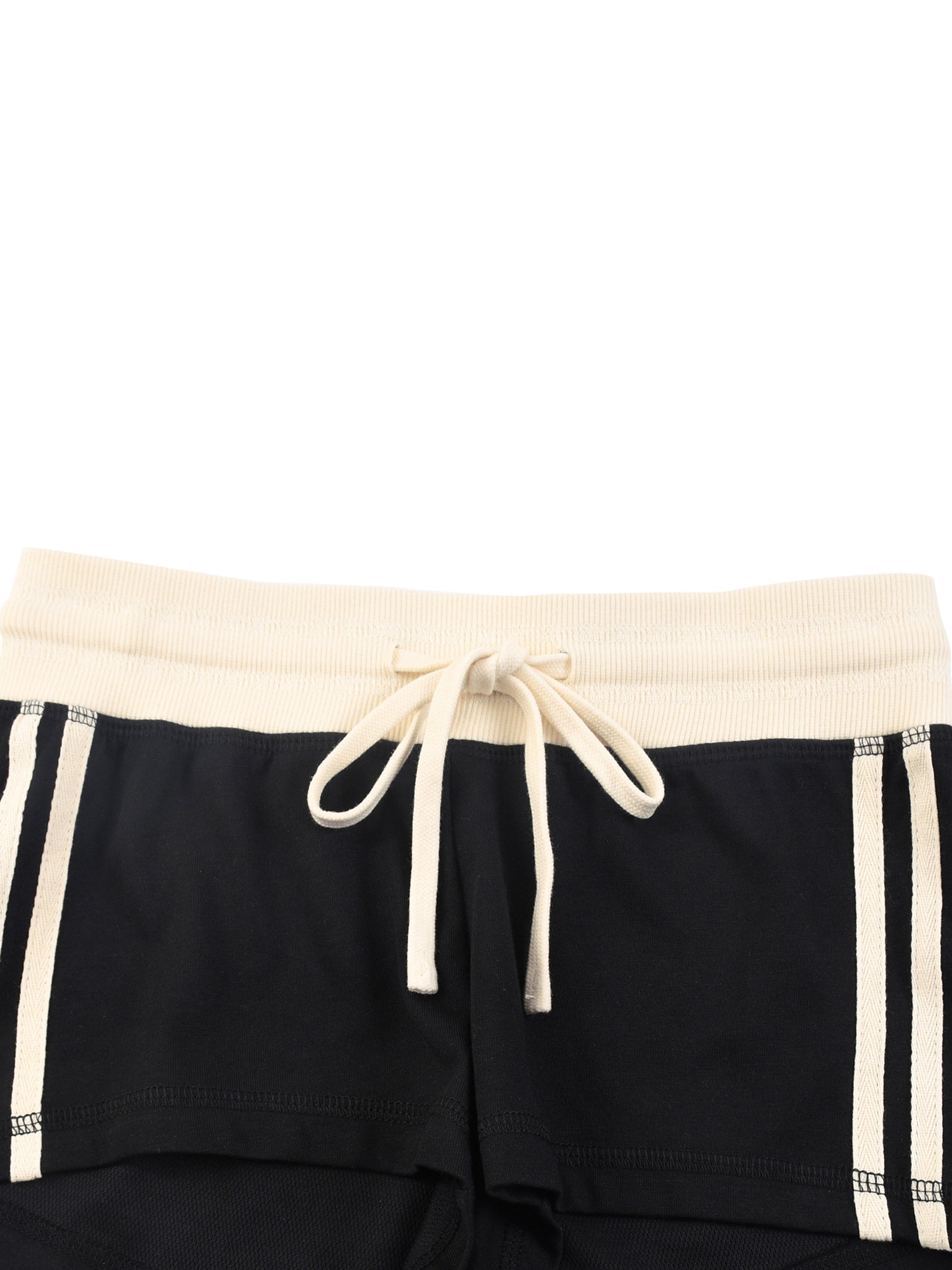 Black shorts with white drawstring and trim on a white background