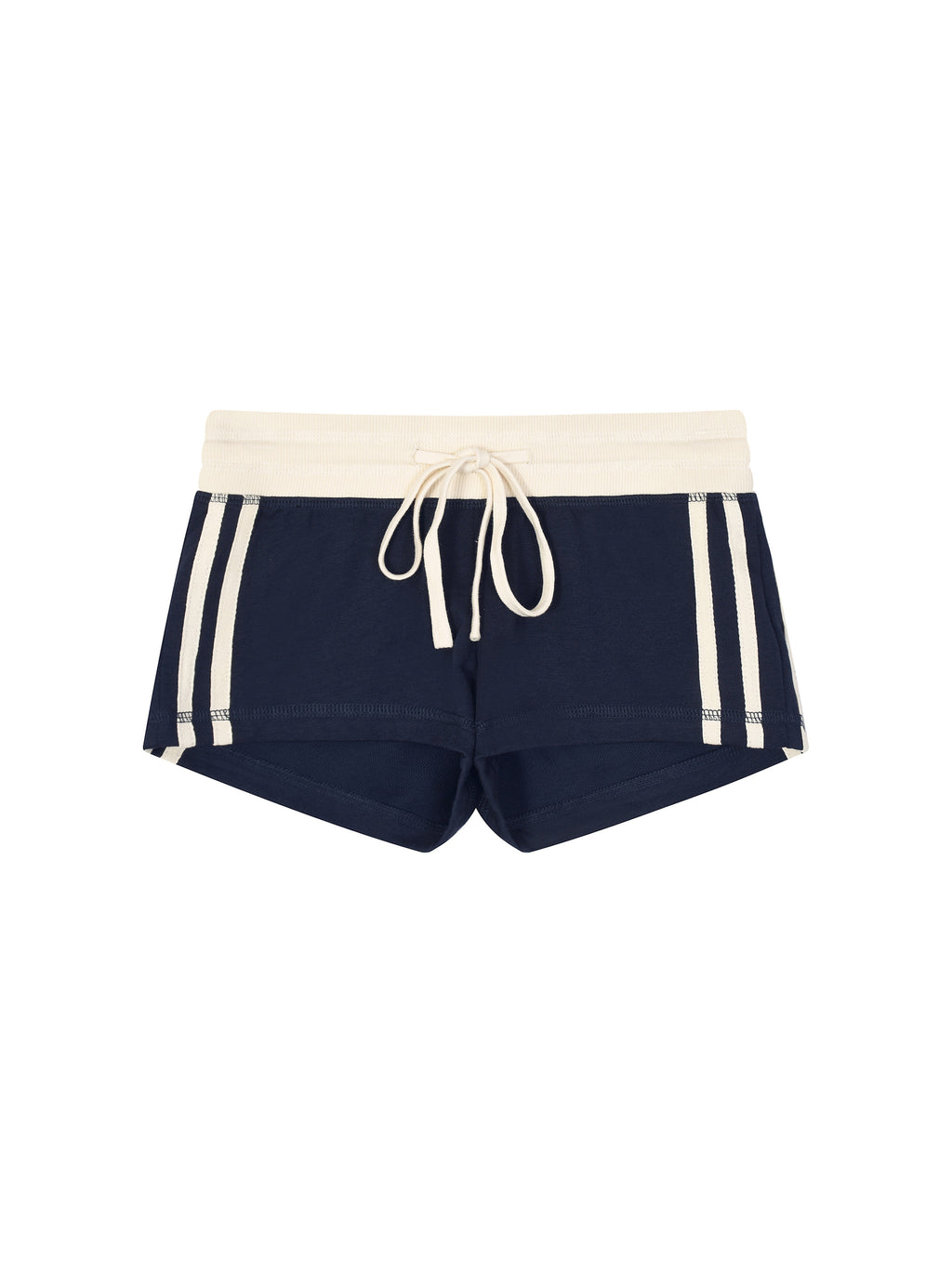 Navy shorts with white stripes and drawstring on a white background