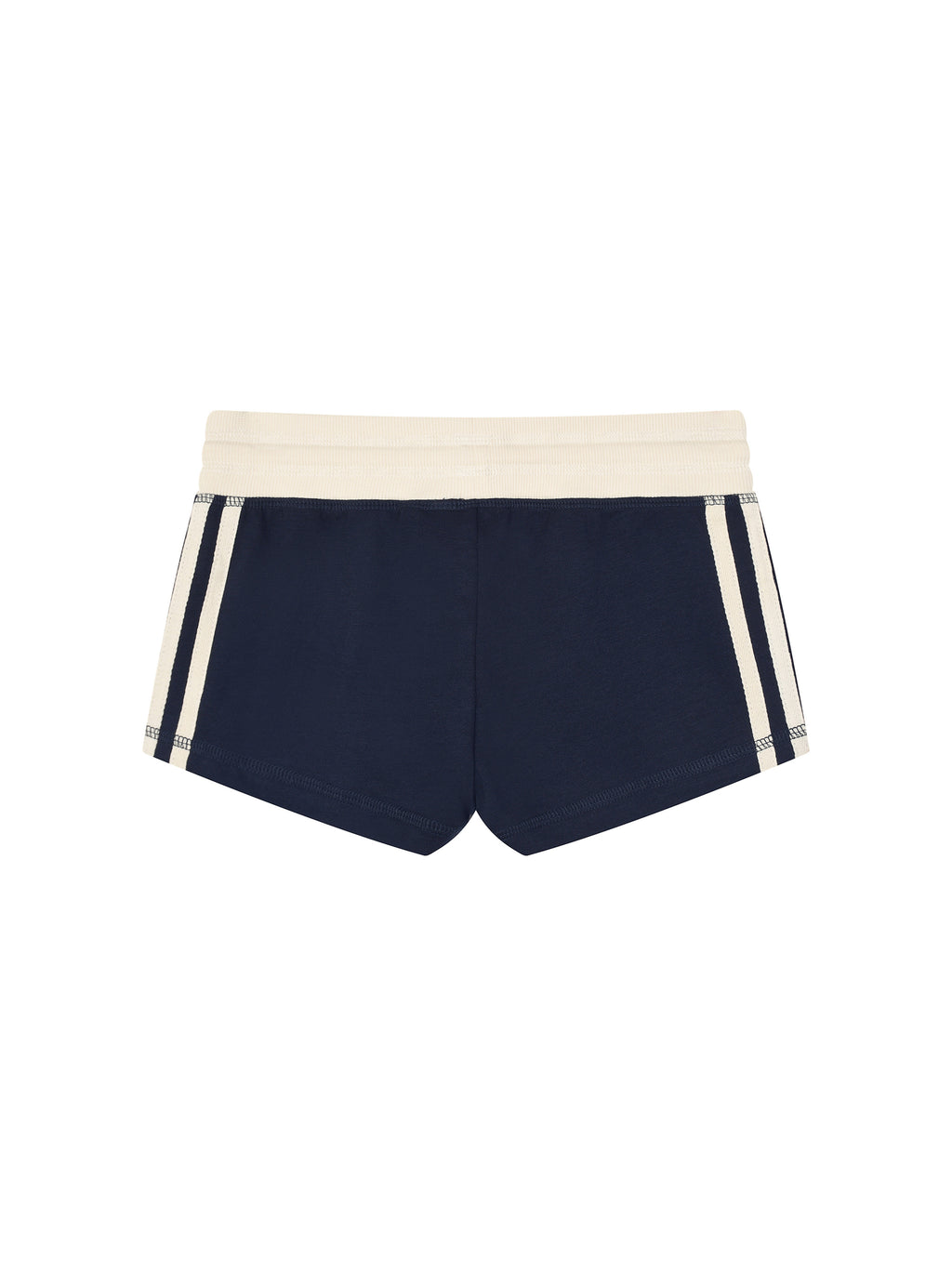 Navy shorts with white stripes on a white background