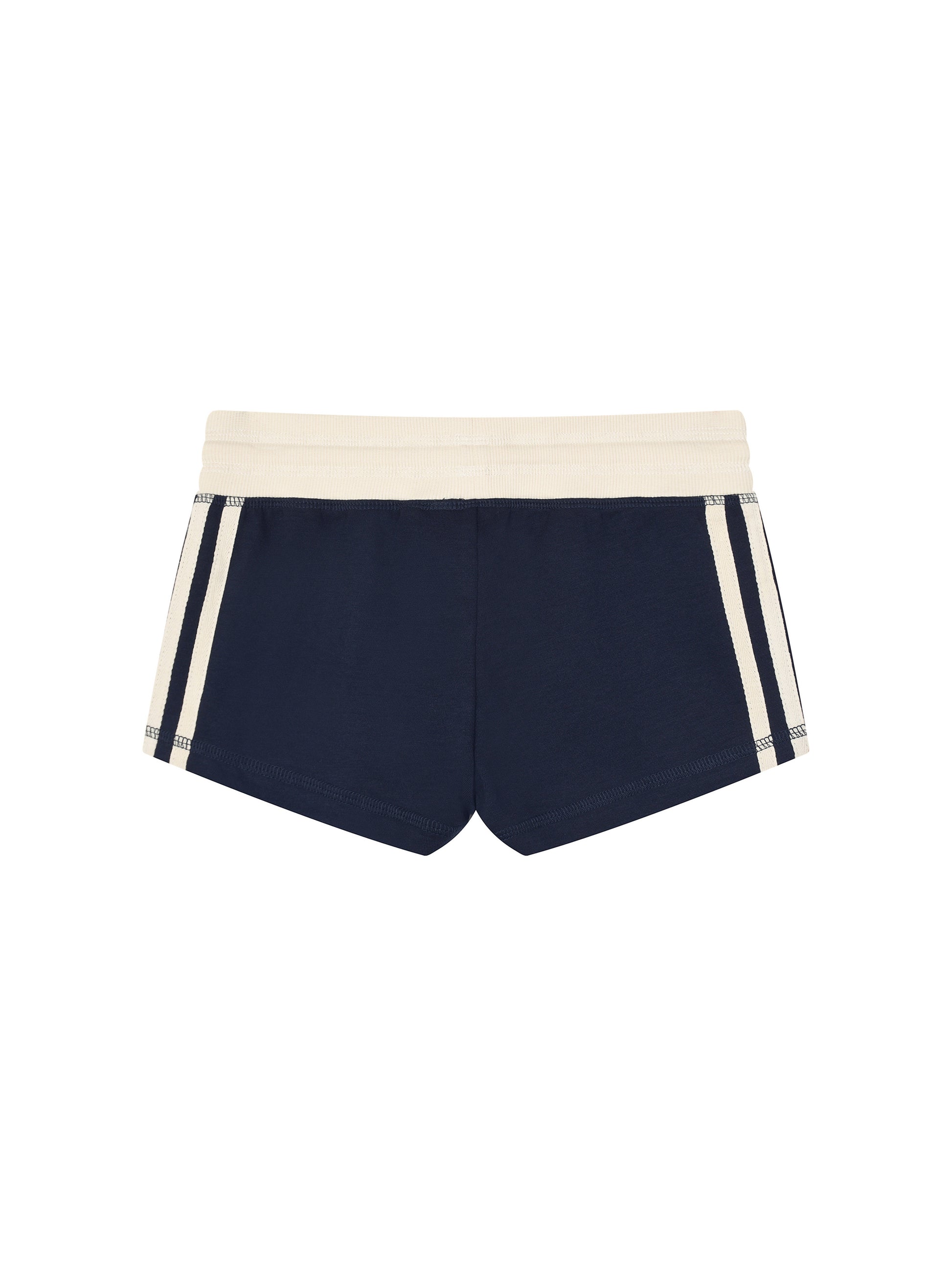 Navy shorts with white stripes on a white background