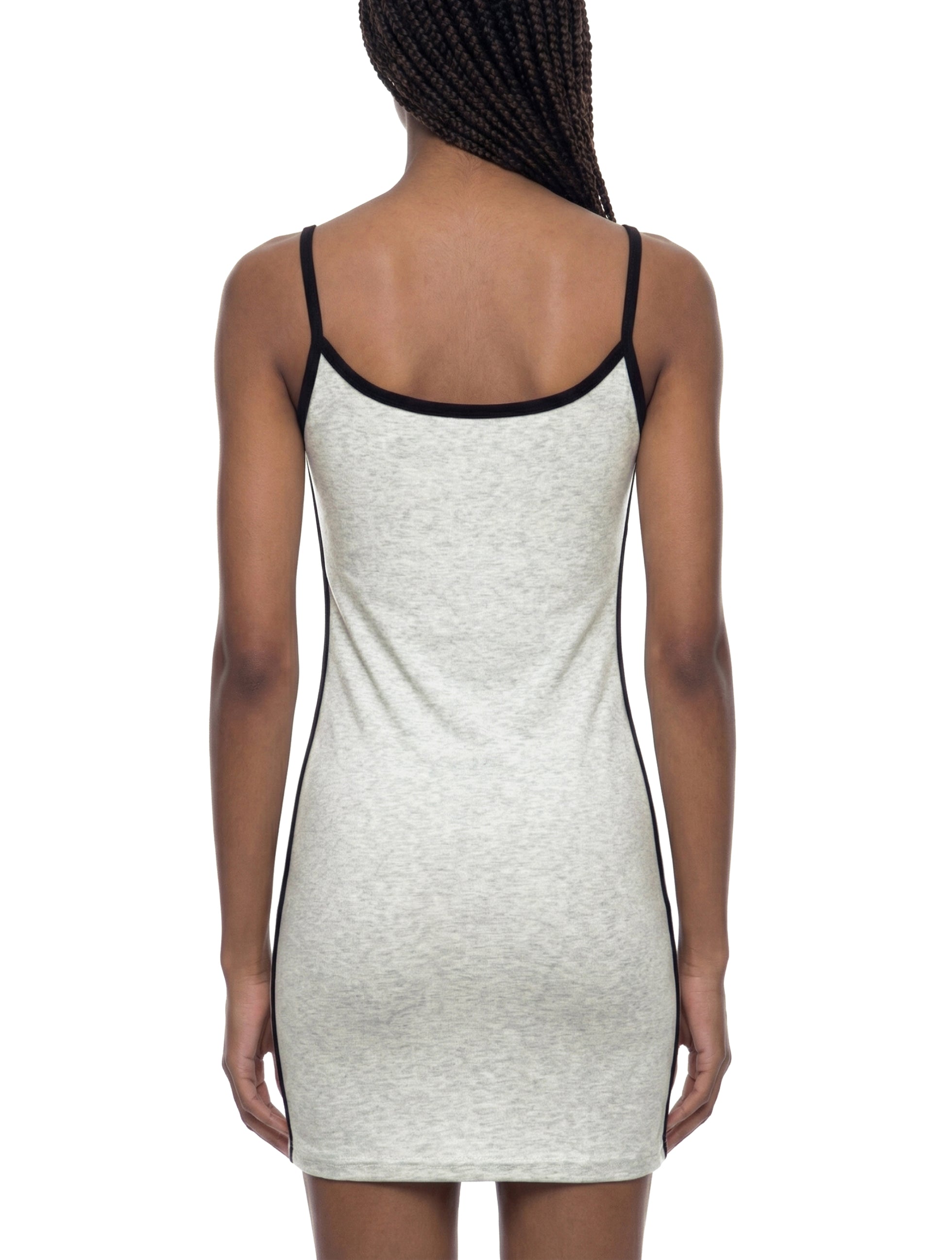 White dress with black trim on a white background