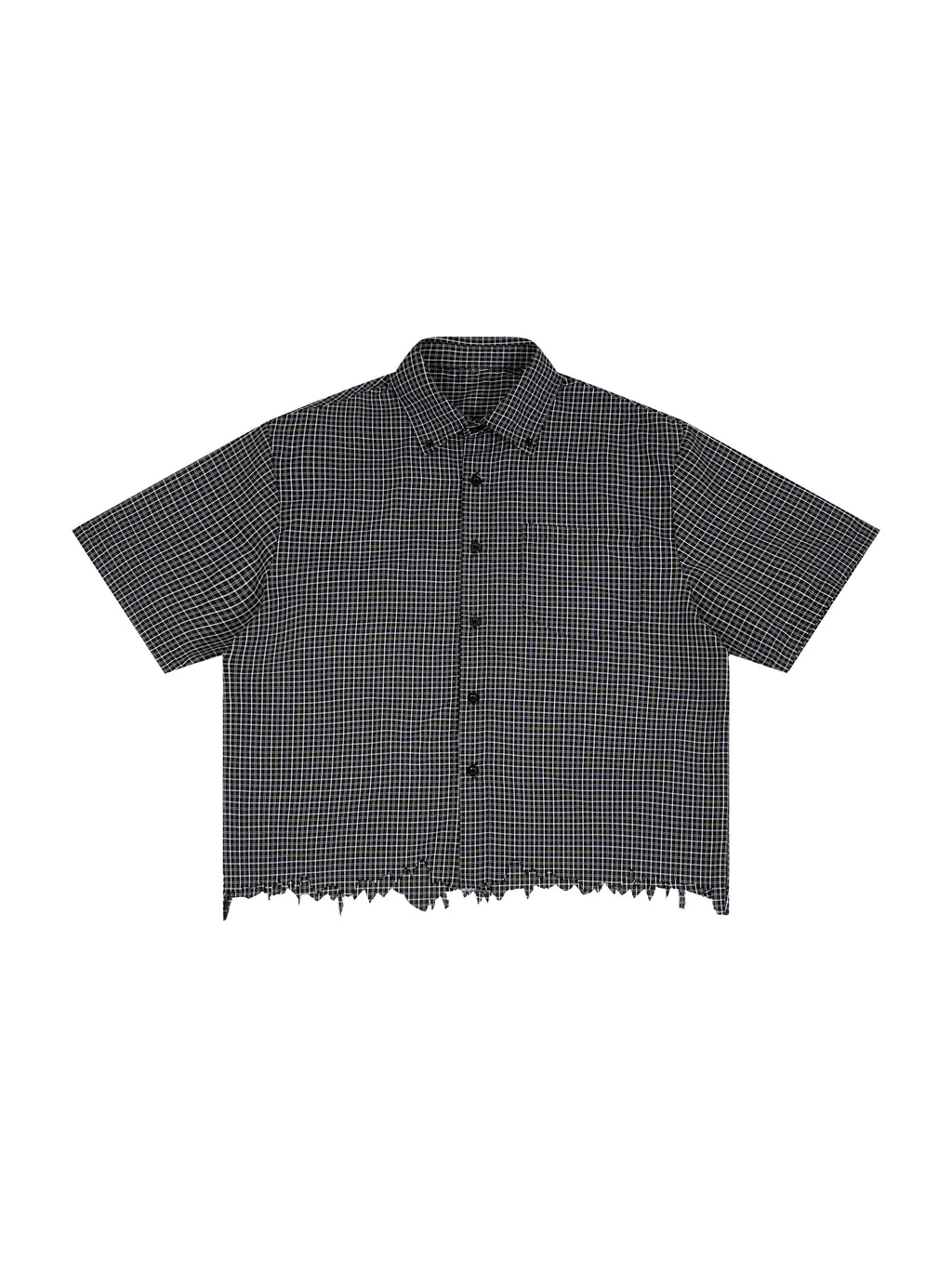 Black and white checkered shirt with distressed hem on a white background
