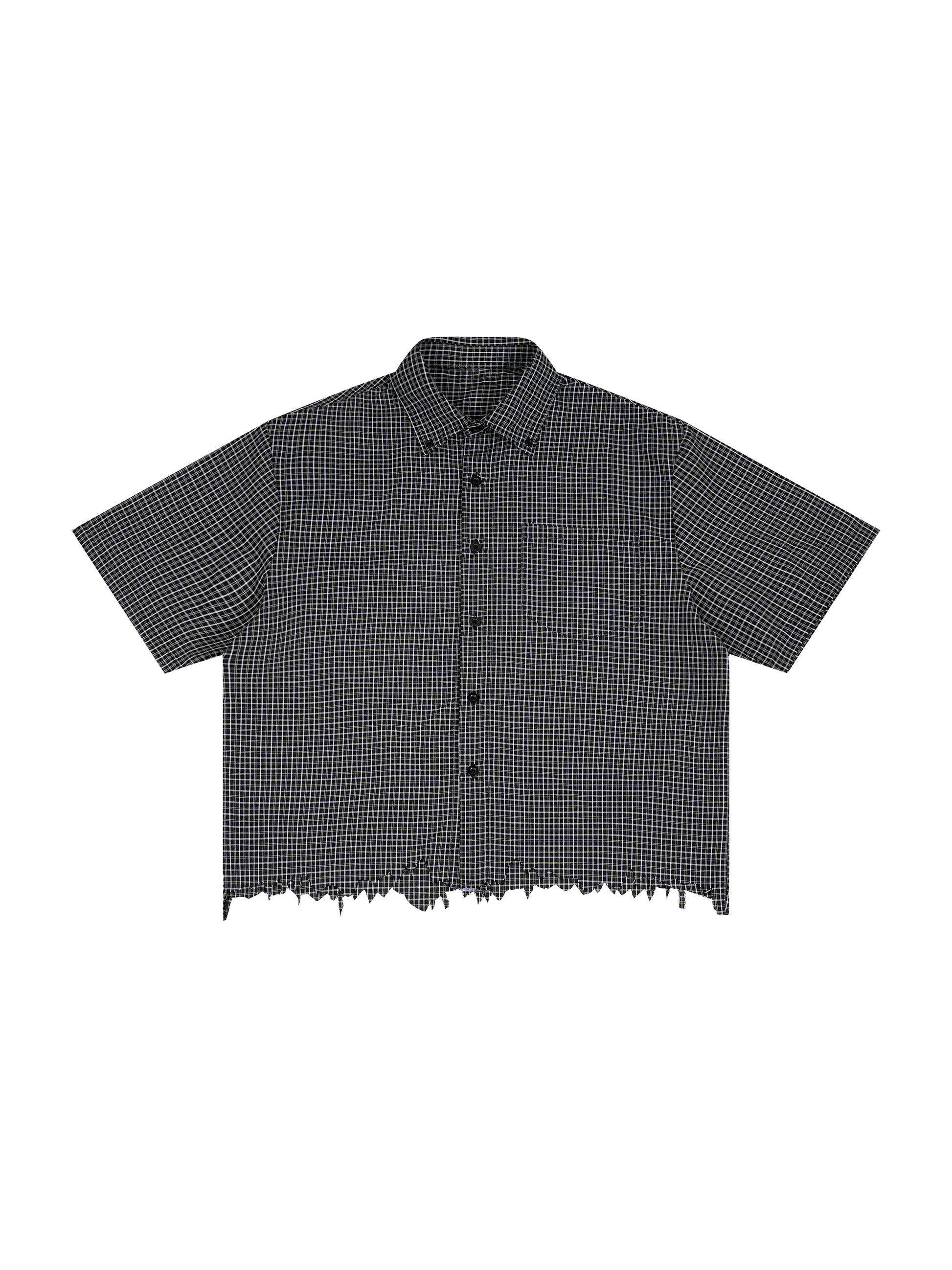 Black and white checkered shirt with distressed hem on a white background