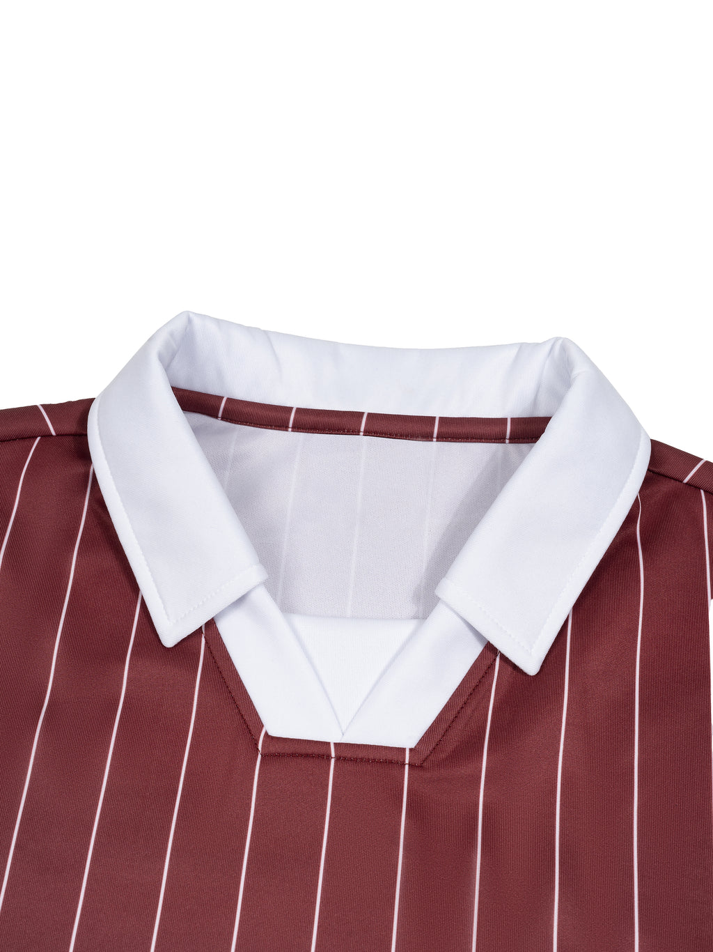 Close-up of a maroon shirt with white pinstripes and a white collar on a white background