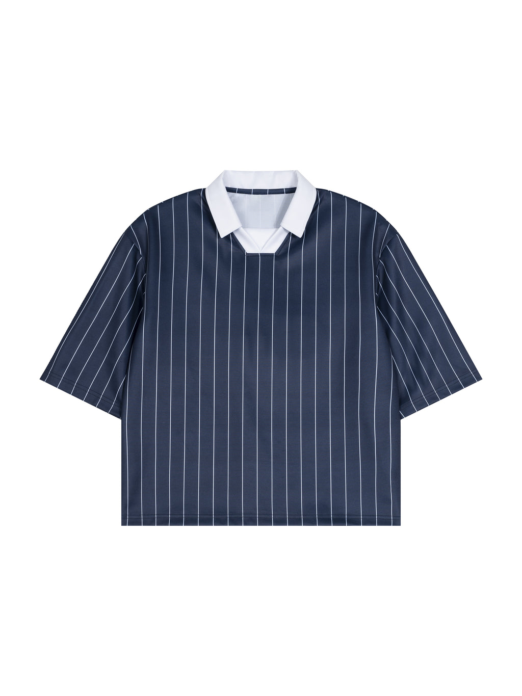Navy pinstripe shirt with white collar on a white background