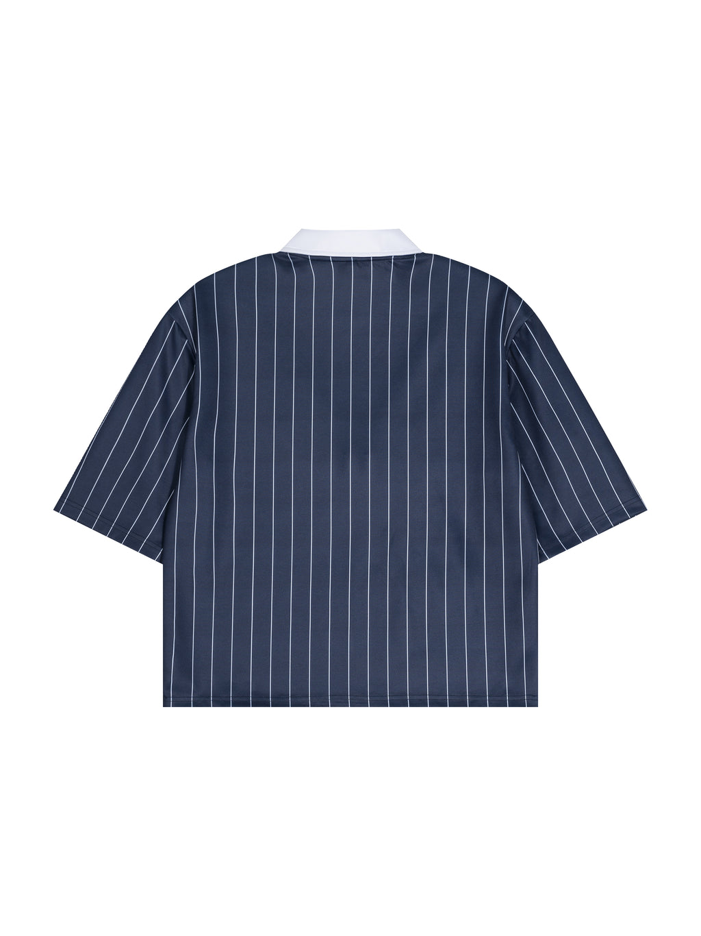 Navy pinstripe shirt on a white background