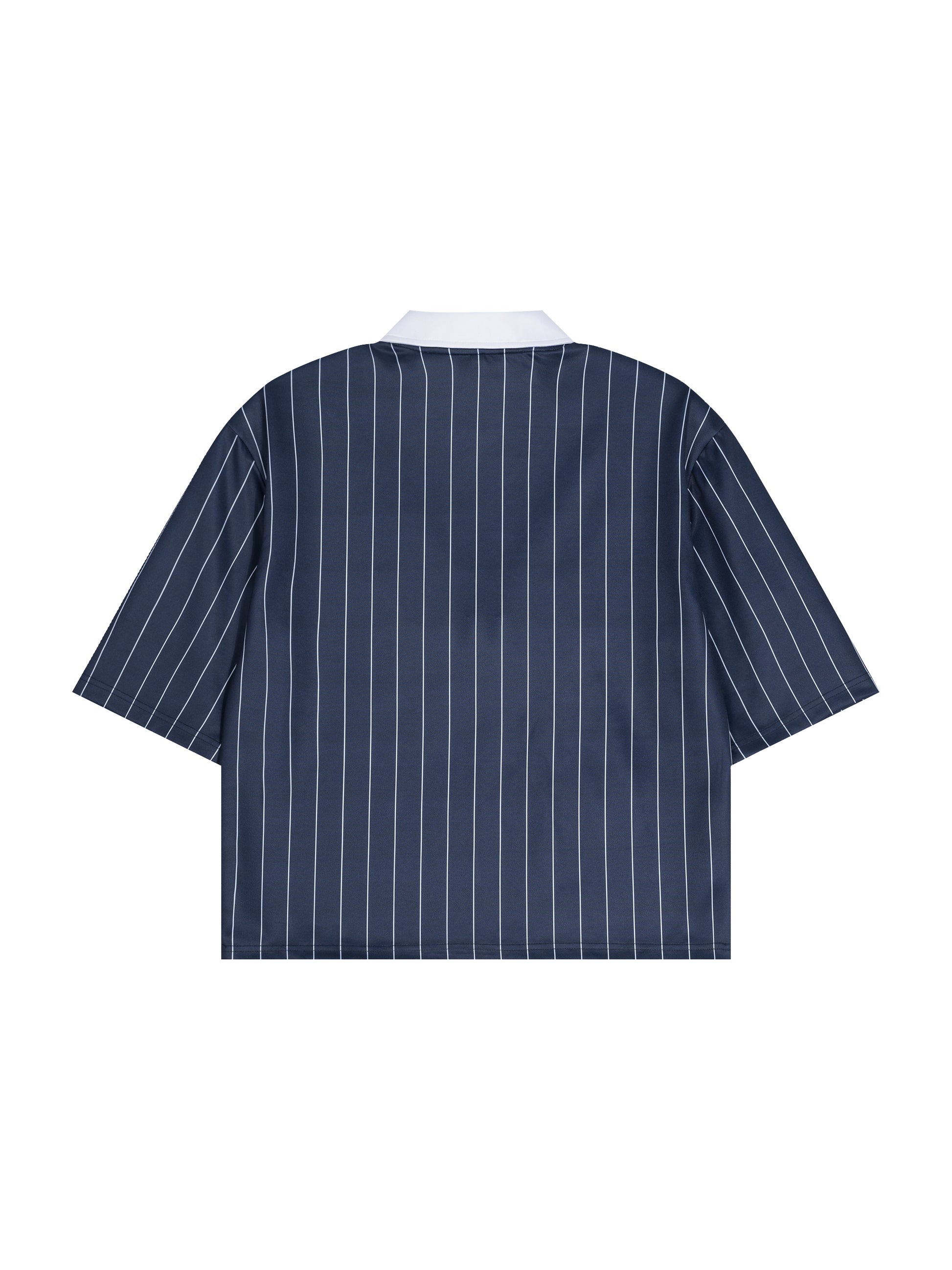 Navy pinstripe shirt on a white background