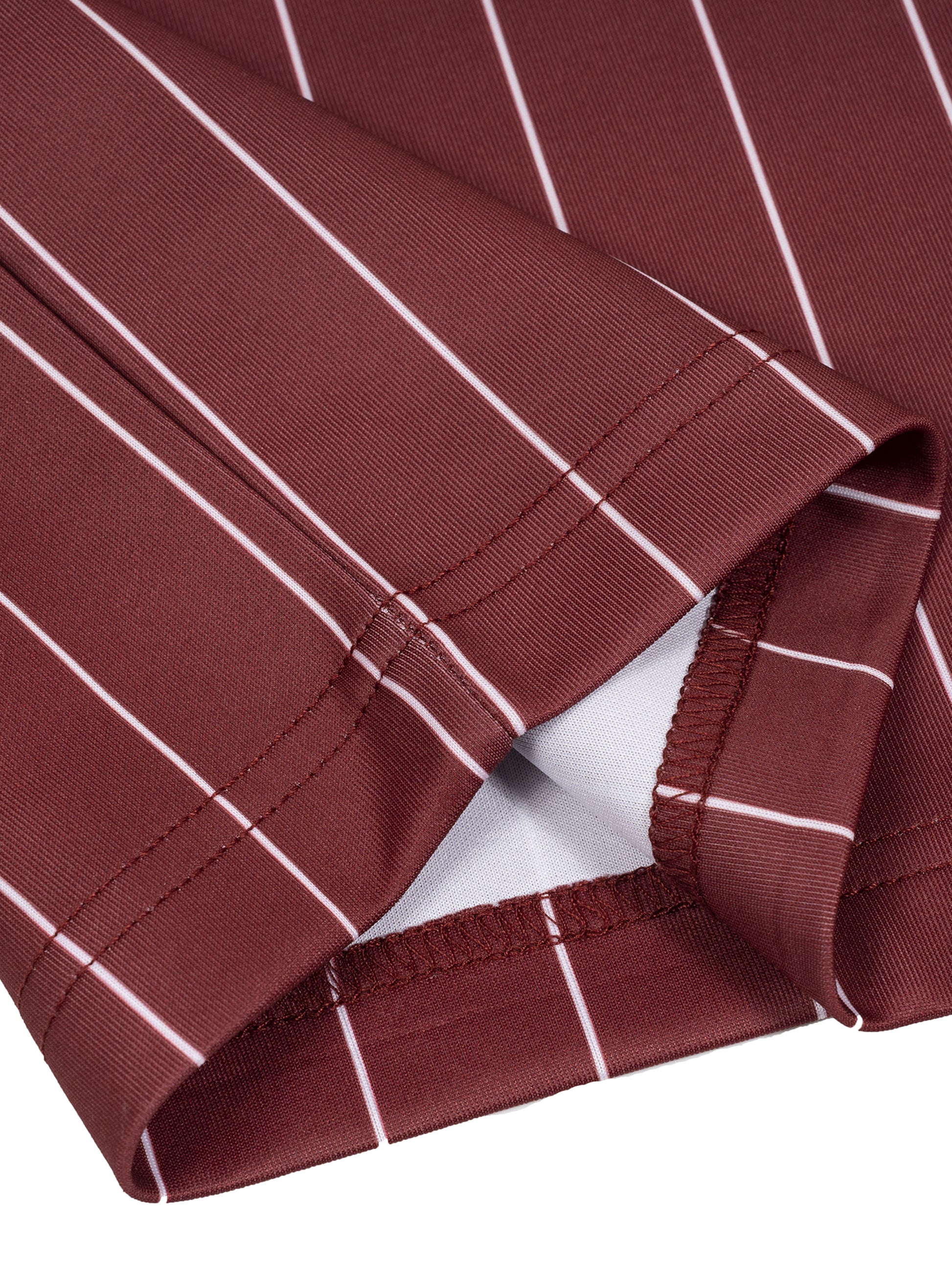 Close-up of a maroon fabric with white stripes on a white background