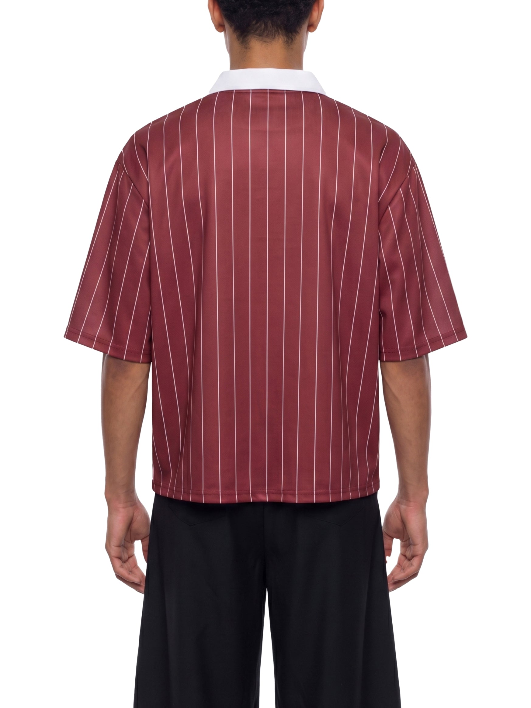 Maroon pinstripe shirt worn by a person on a white background