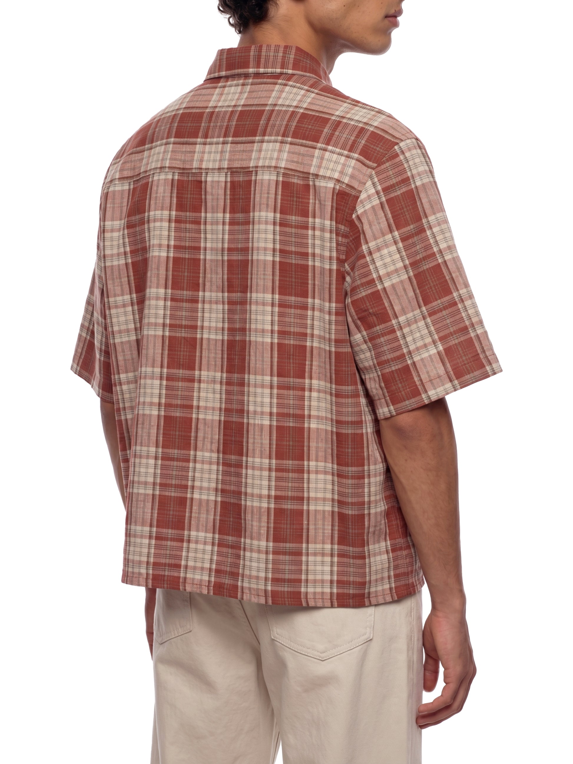 Person wearing a red and beige plaid shirt on a white background