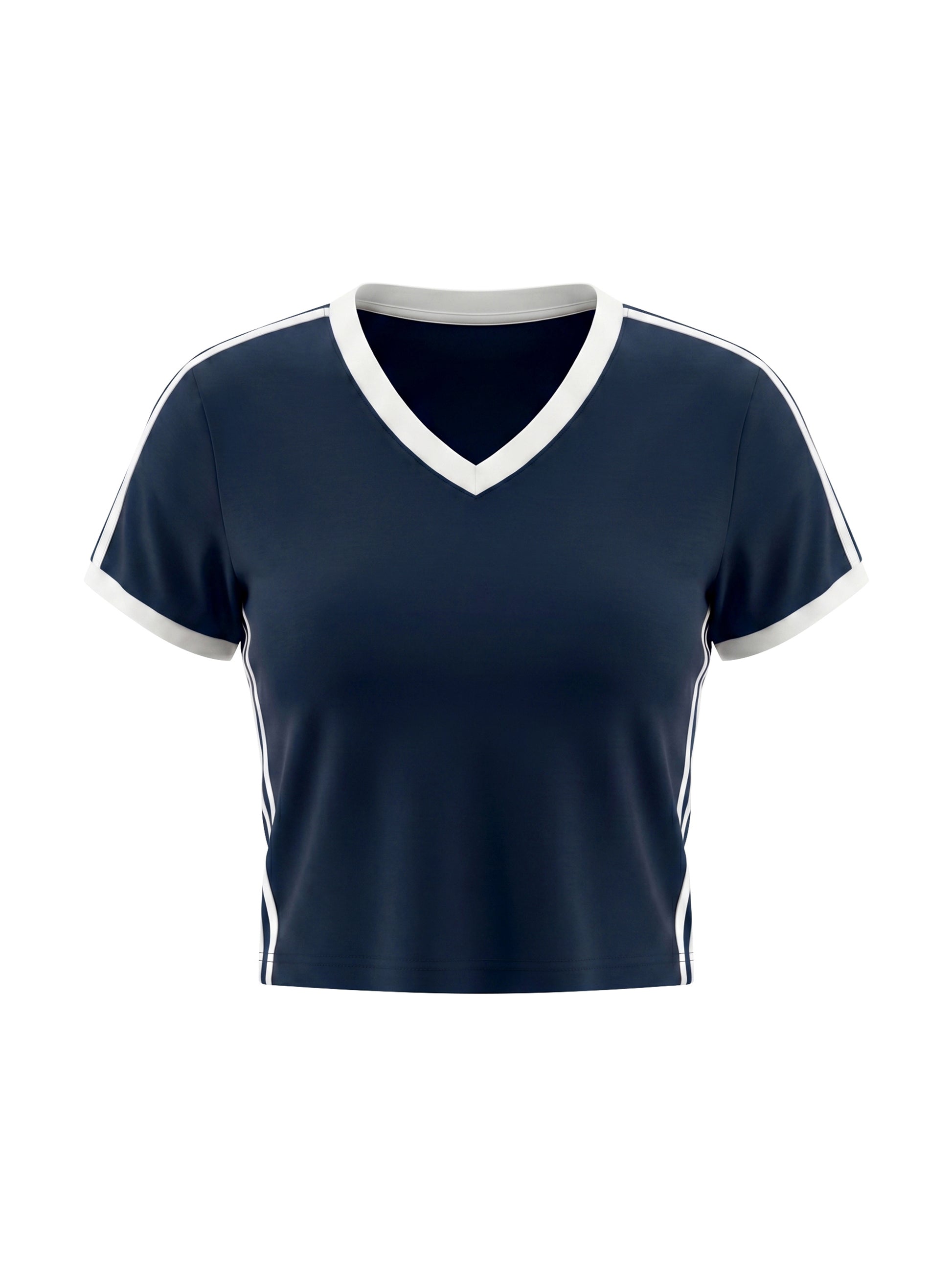 Navy blue sports jersey with white accents on a white background