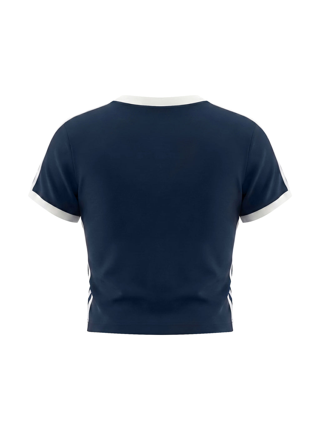 Navy blue t-shirt with white trim on a white background