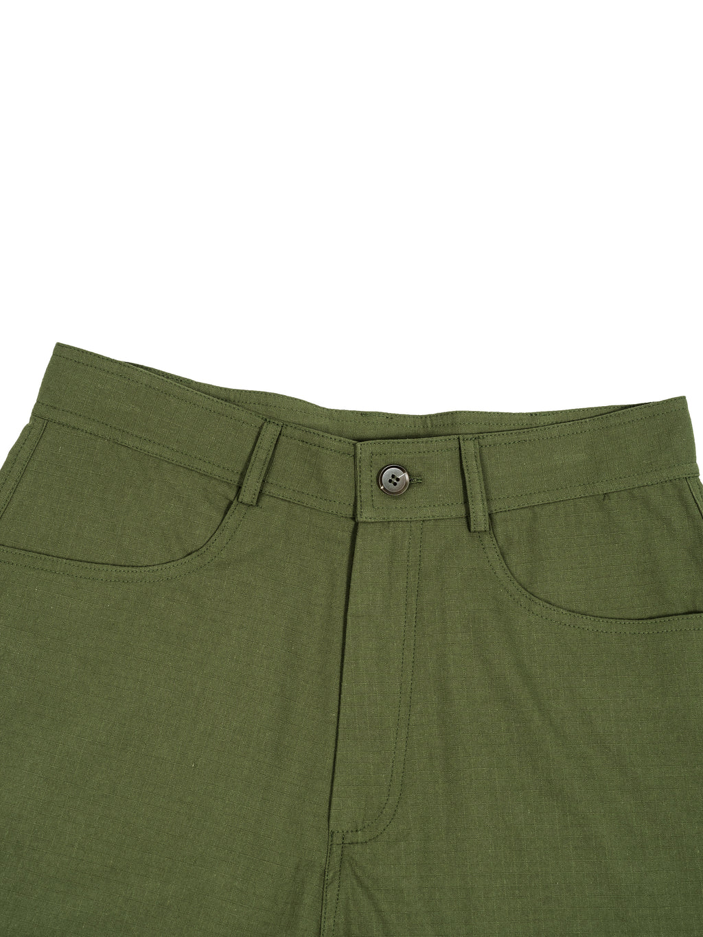 Close-up of green pants with a button on a white background
