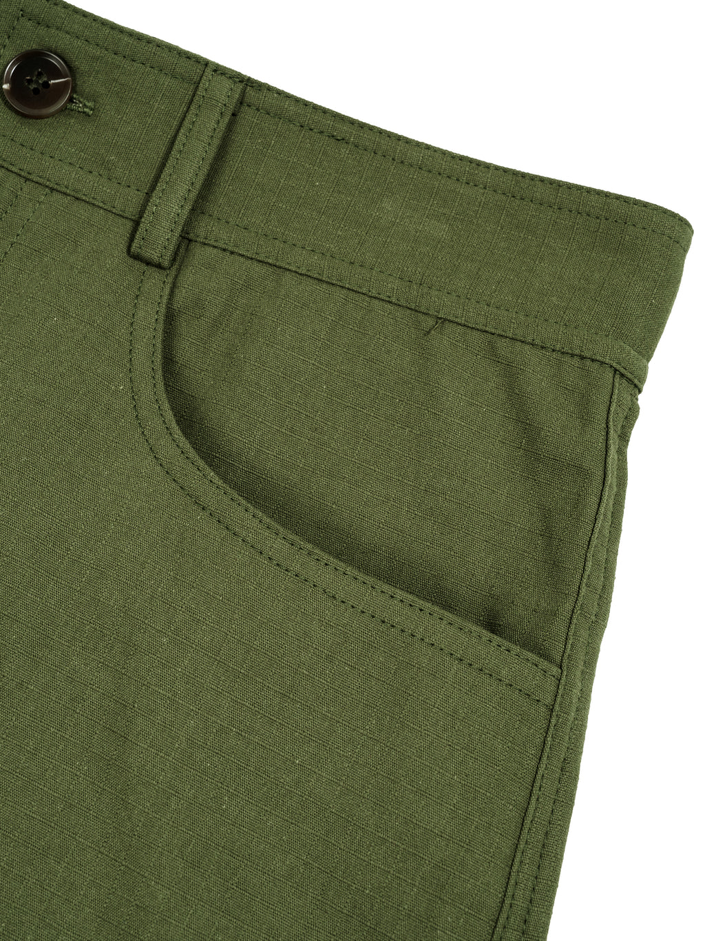 Close-up of green pants with a button on a white background