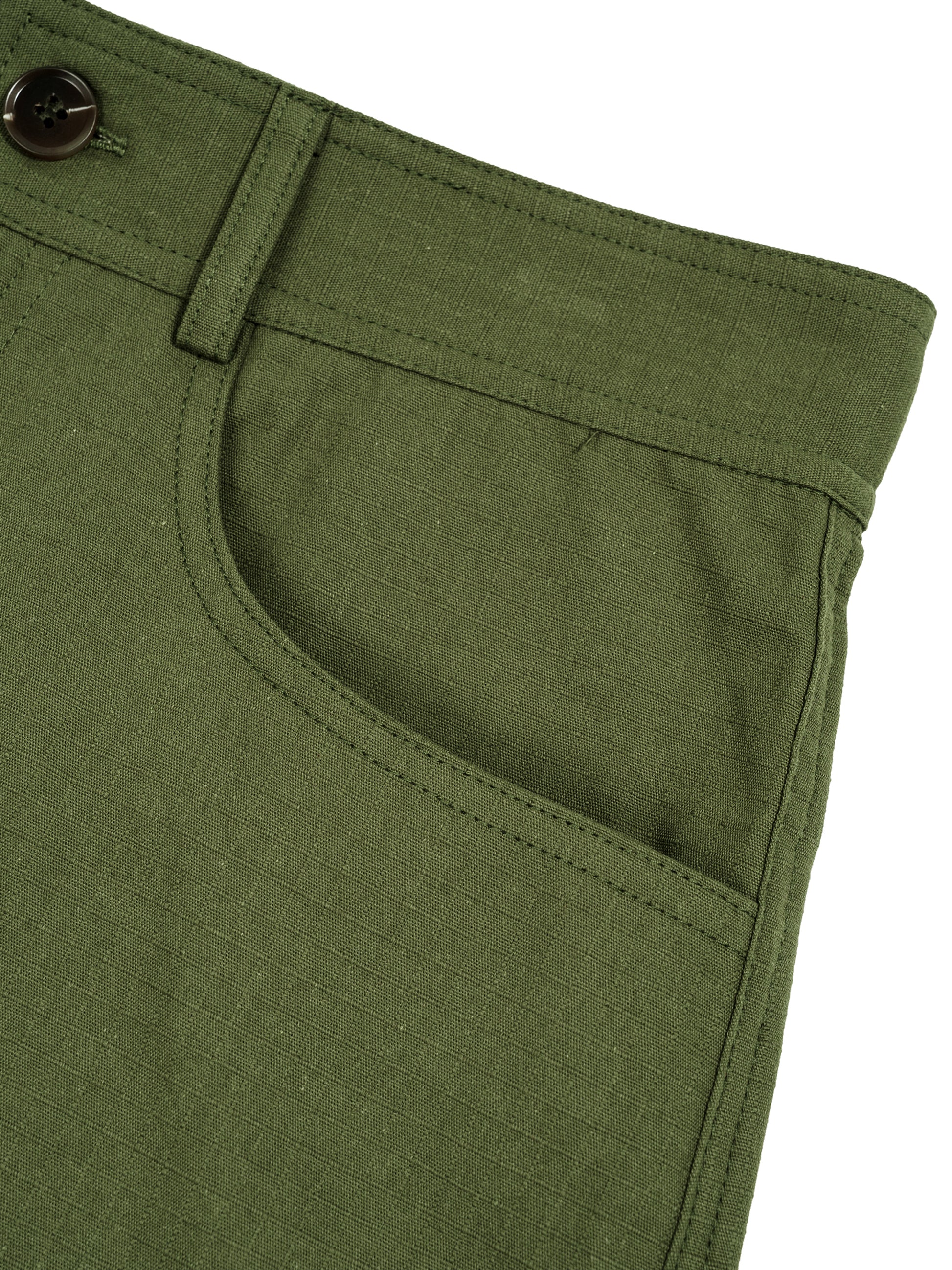 Close-up of green pants with a button on a white background