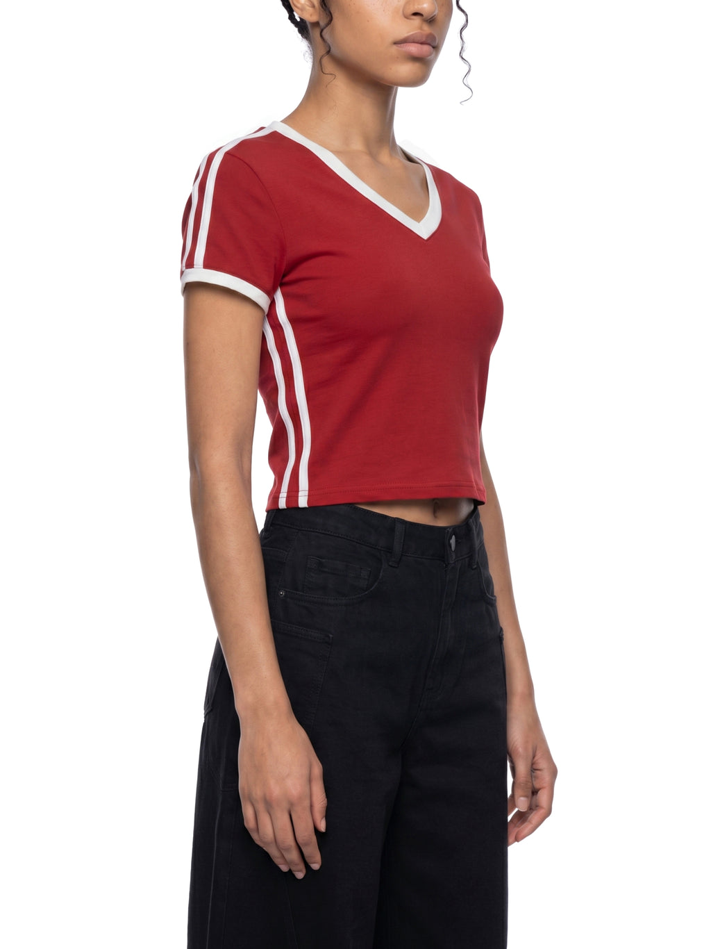 Red crop top with white stripes worn by a person on a white background