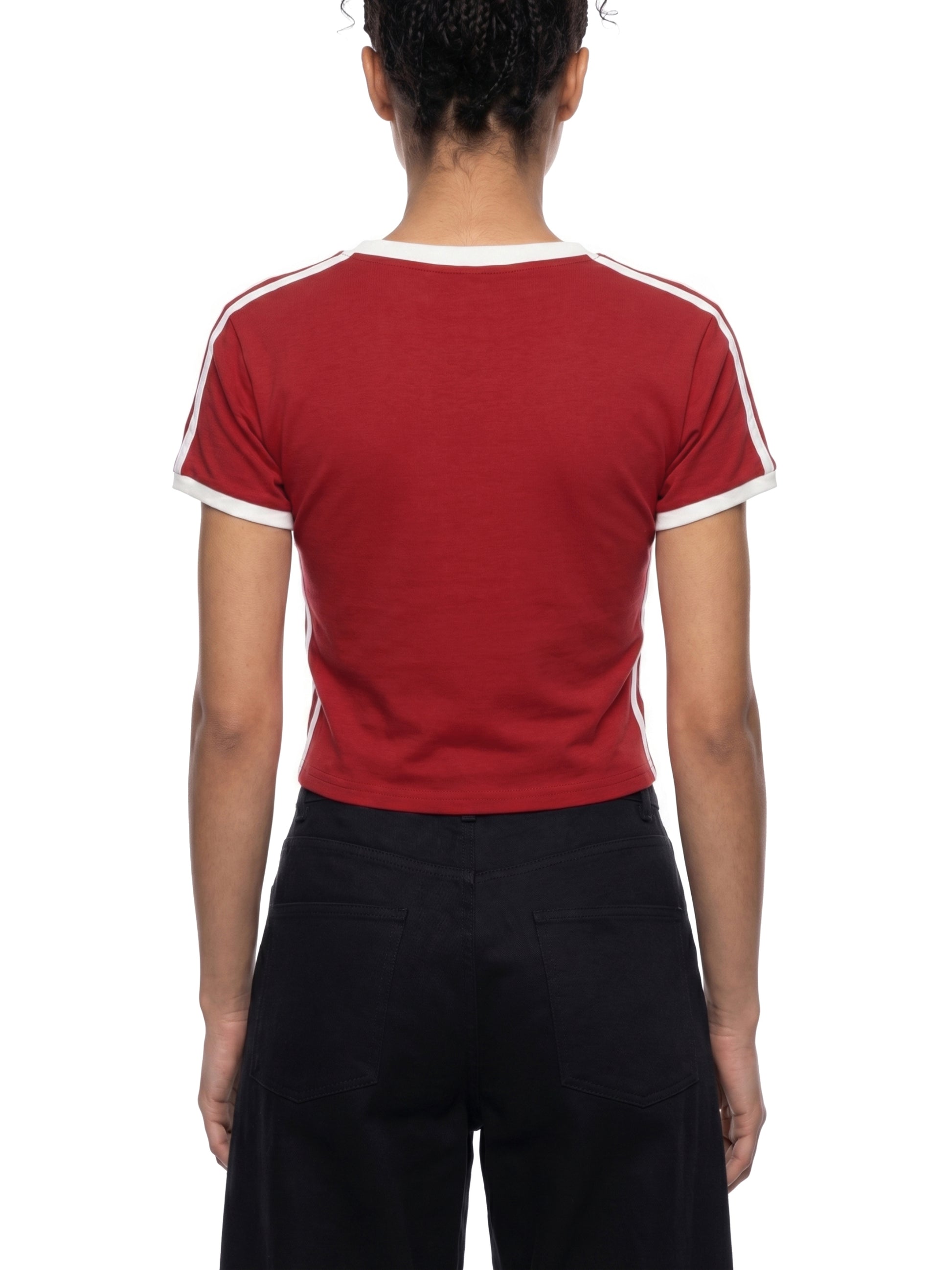 Person wearing a red t-shirt with white stripes on a white background