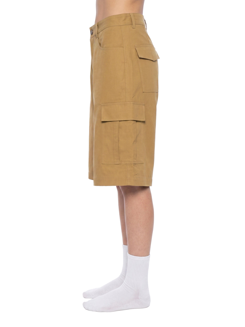 Tan cargo shorts worn by a person on a white background