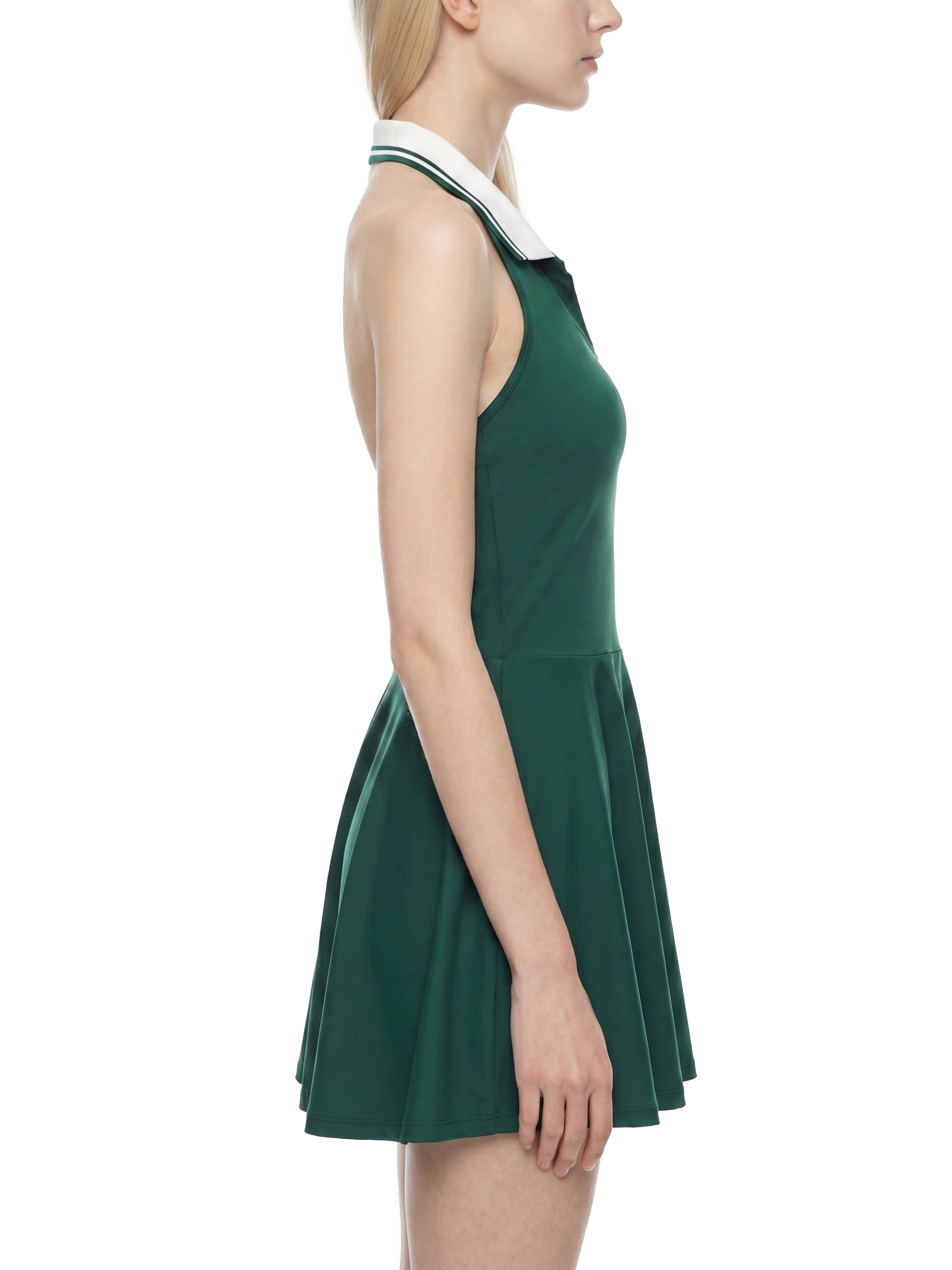 Green dress with white collar on a white background