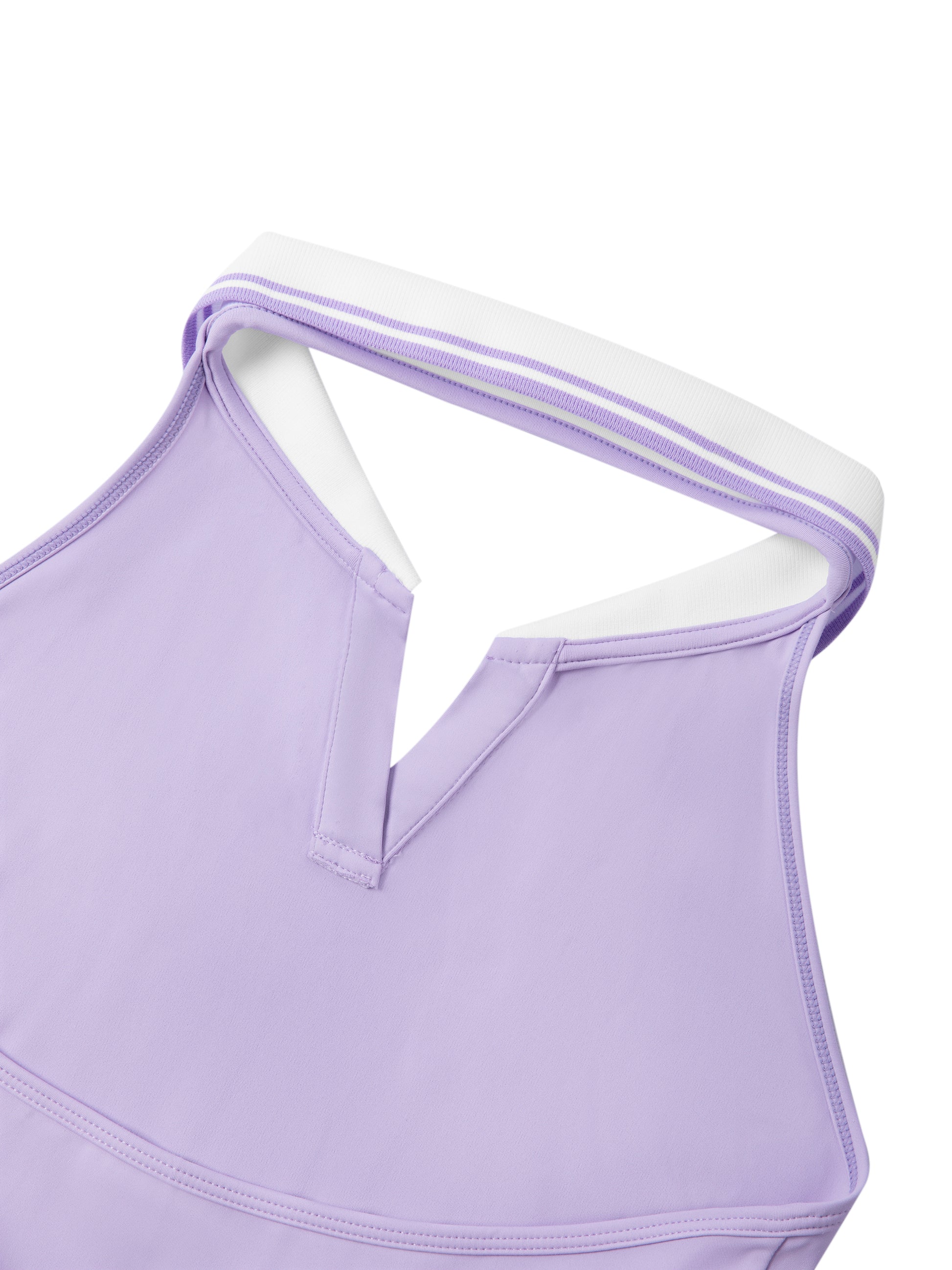 Close-up of a lavender sports bra with white trim on a white background
