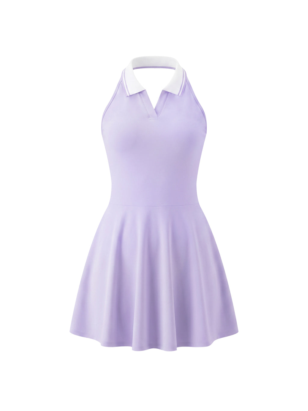 Lavender dress with white collar on a white background
