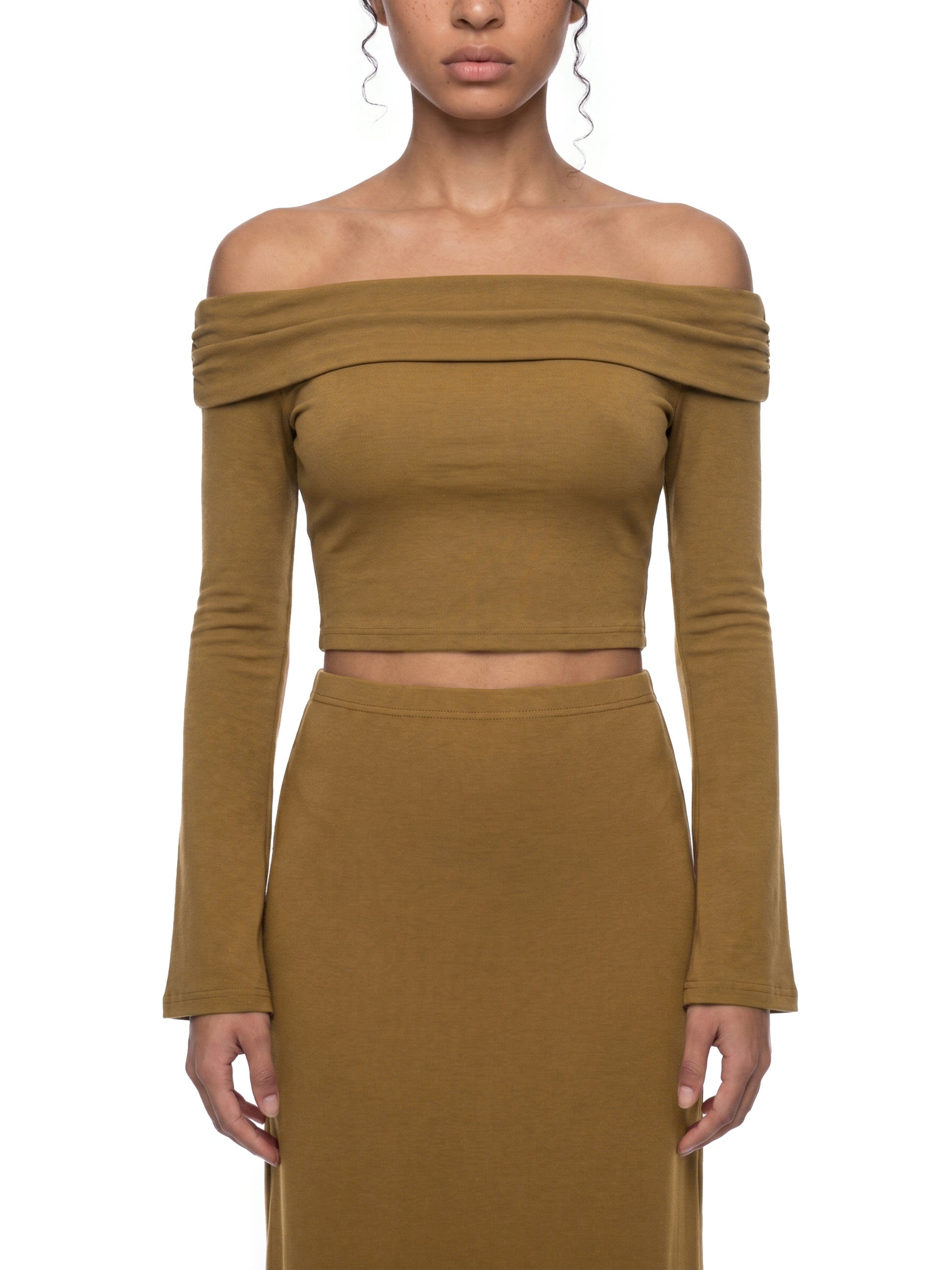 Brown off-shoulder top and skirt set on a white background