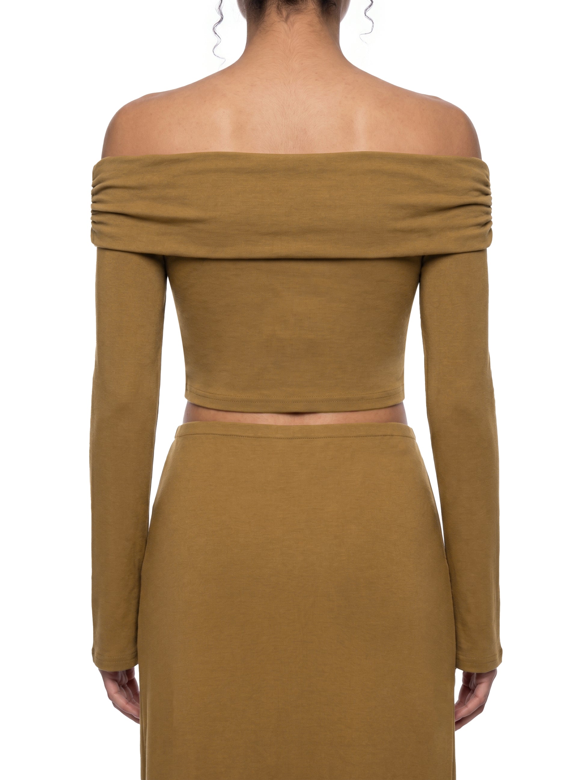Brown off-shoulder top and skirt set on a white background