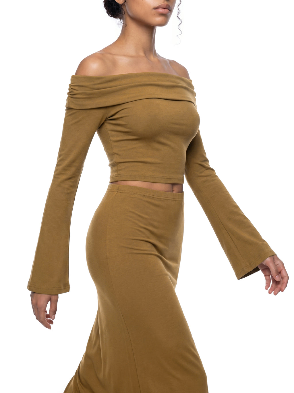 Brown off-shoulder dress with long sleeves on a white background