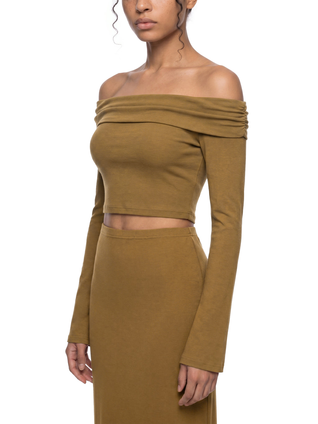 Brown off-shoulder top and skirt set on a white background