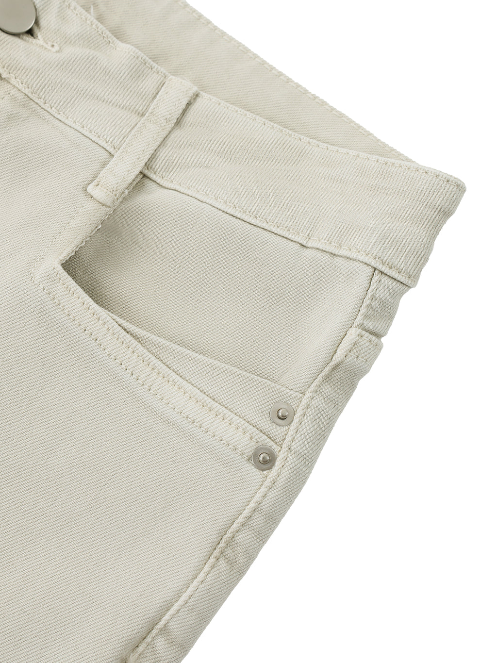 Close-up of beige pants with a pocket on a white background