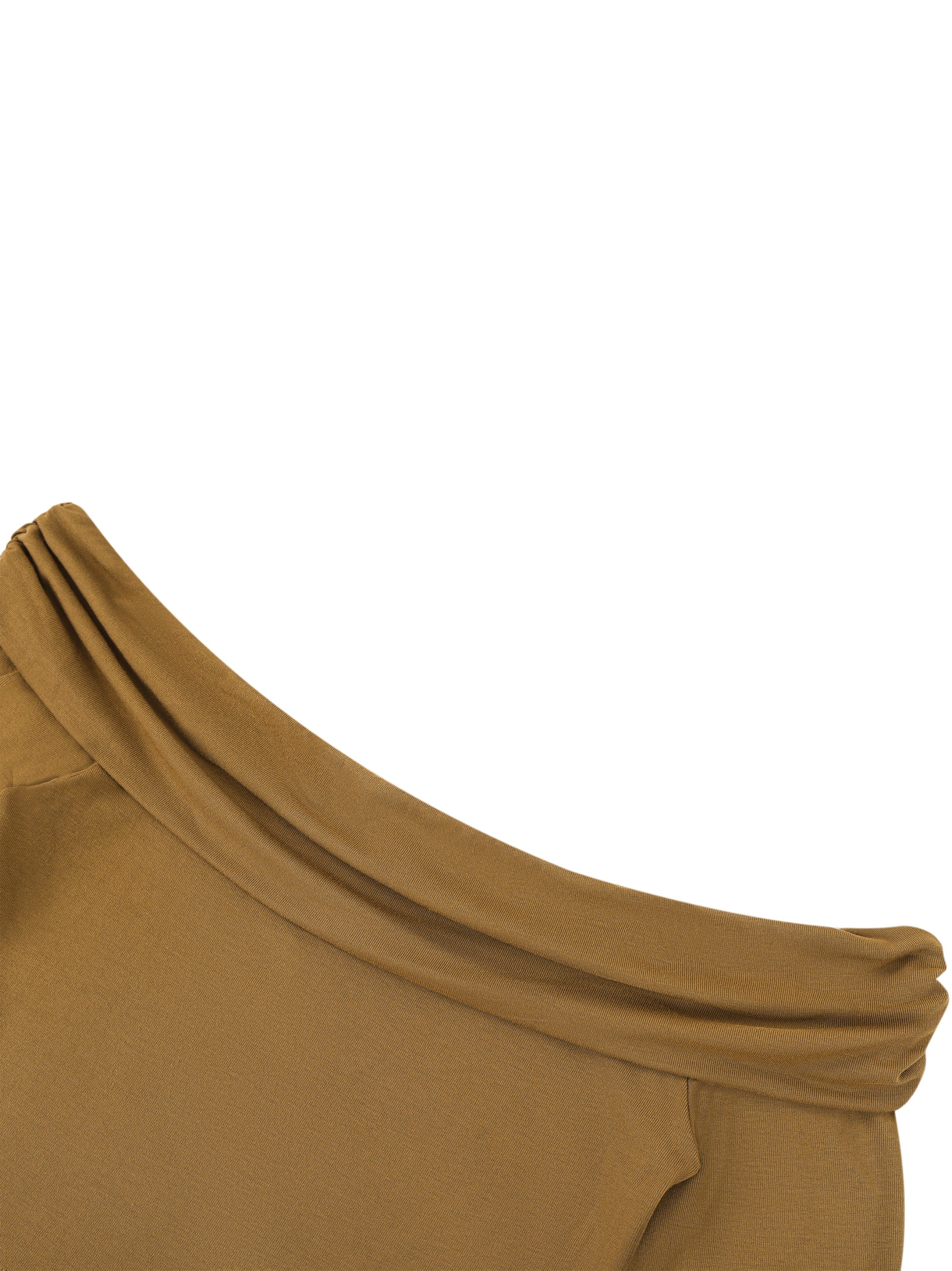 Close-up of a mustard yellow garment with a draped neckline on a white background