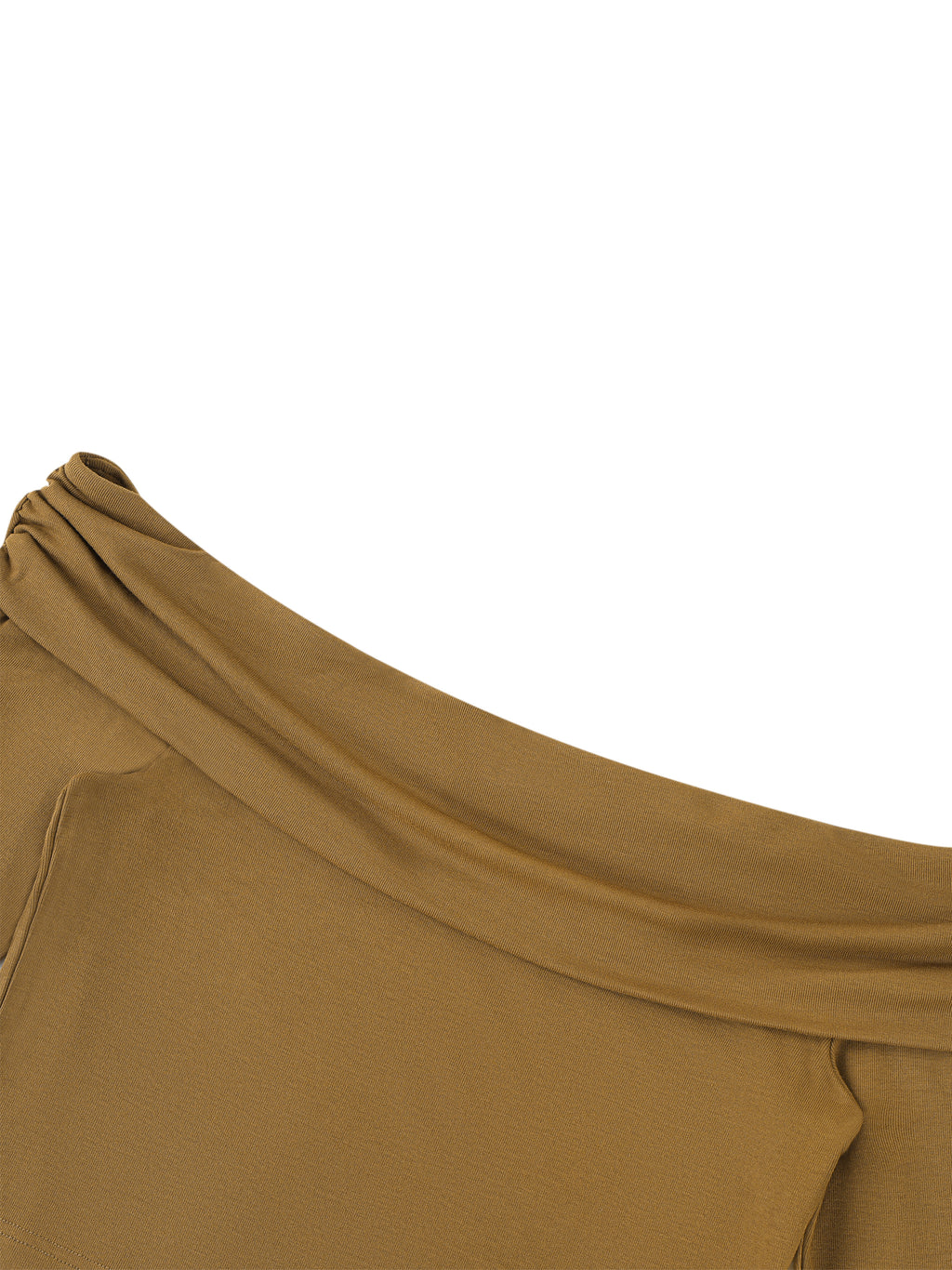 Close-up of a brown garment with a draped neckline on a white background