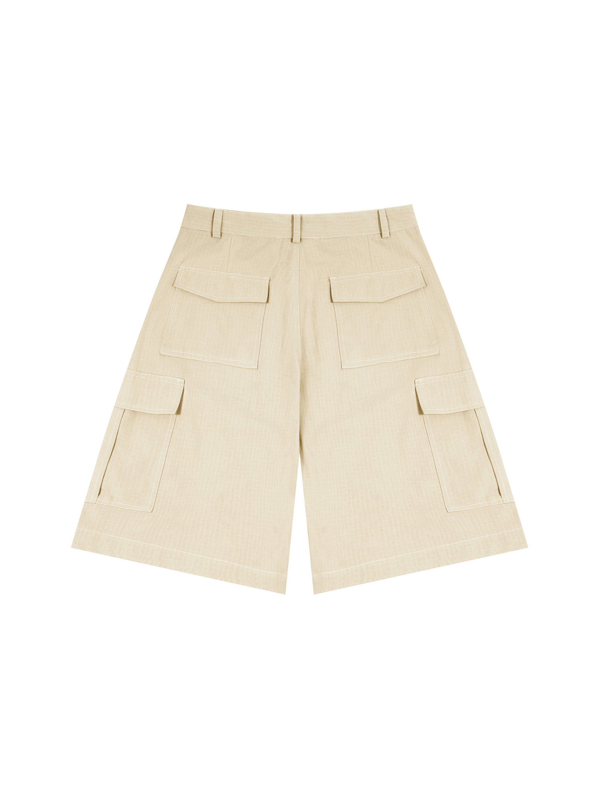 Beige cargo shorts on a white background