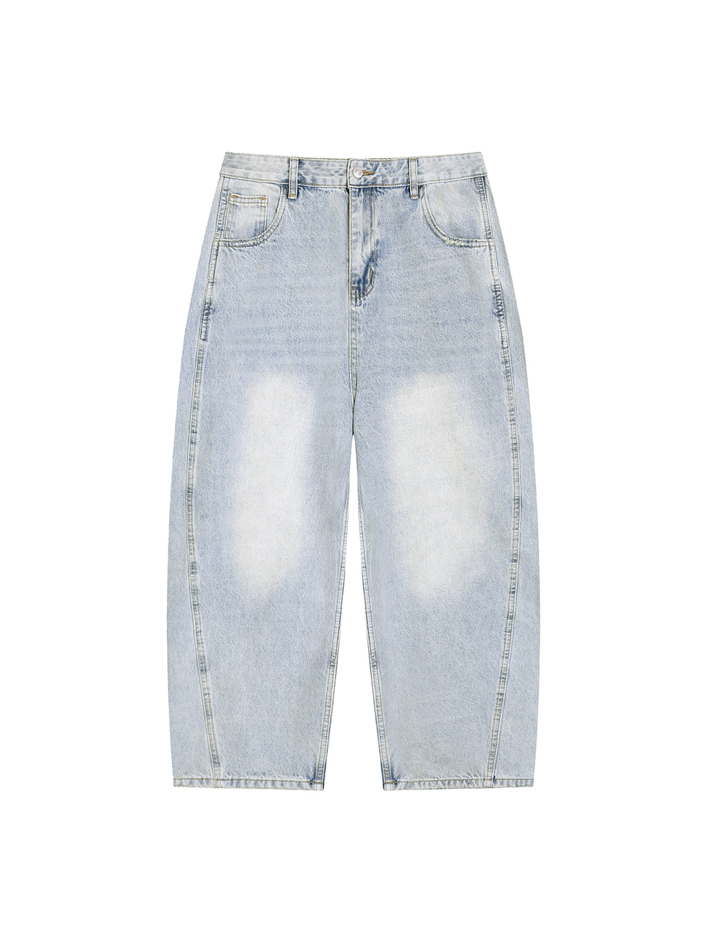 Light blue distressed jeans on a white background