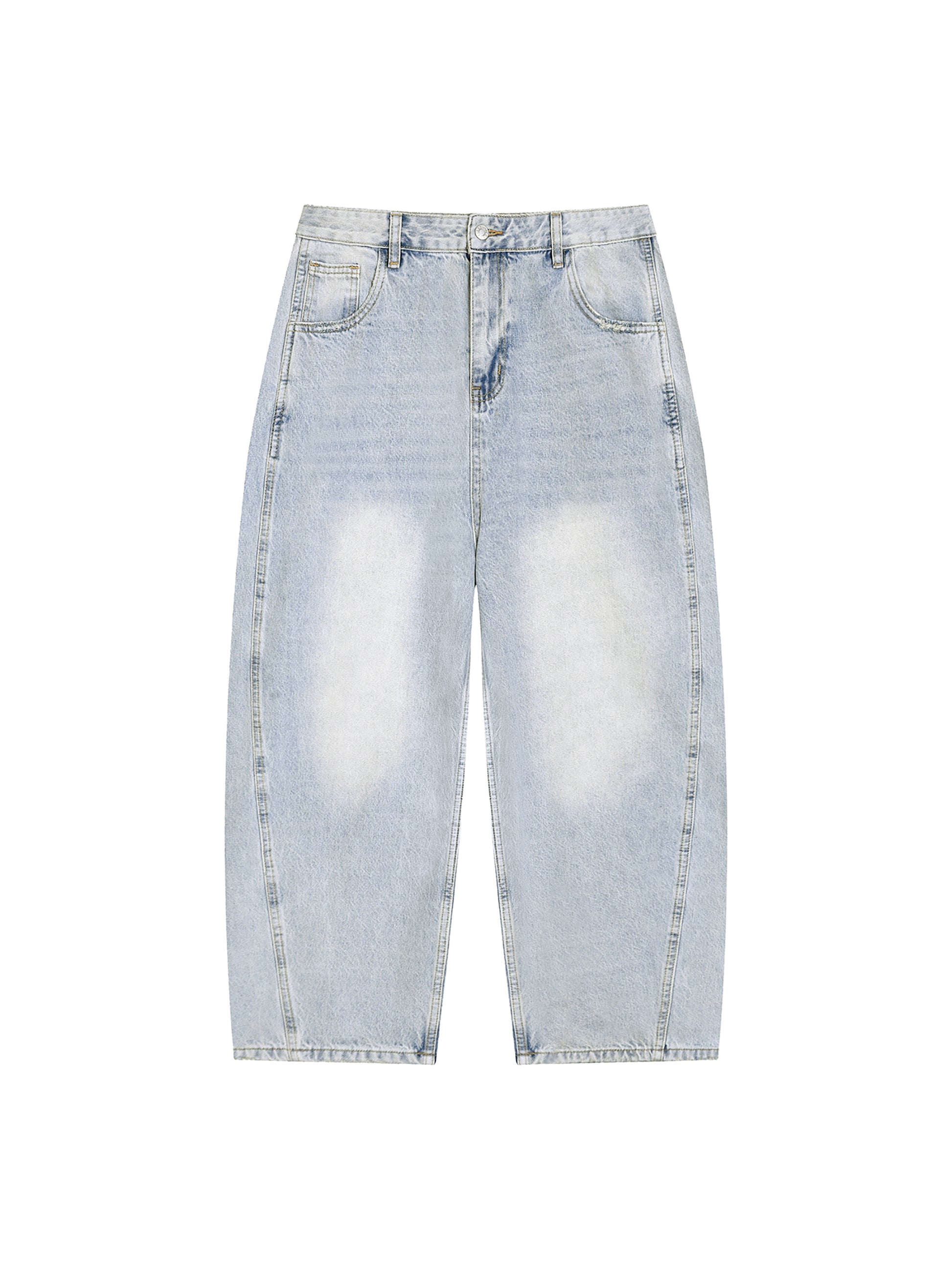 Light blue distressed jeans on a white background