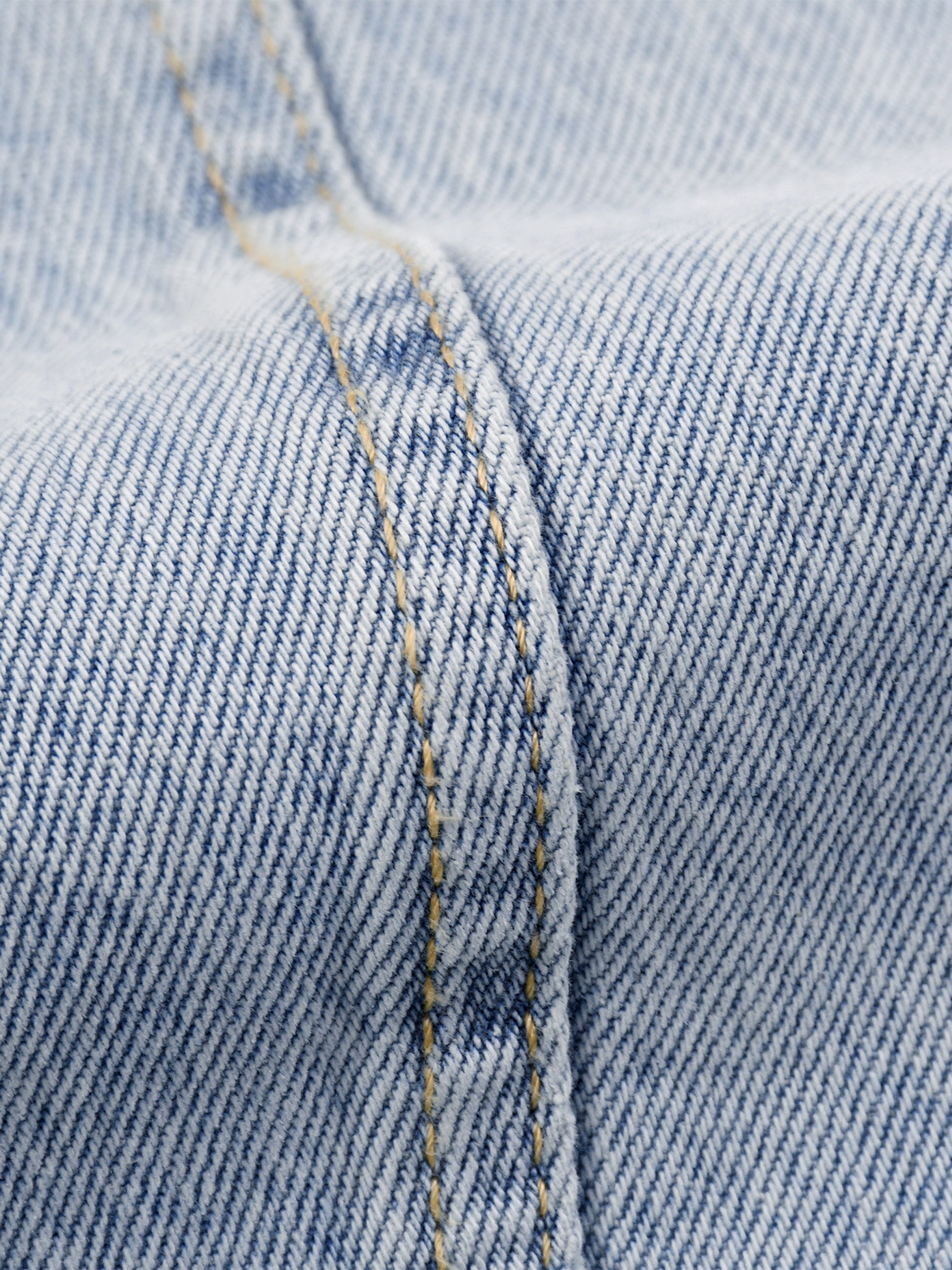 Close-up of blue denim fabric with stitching detail