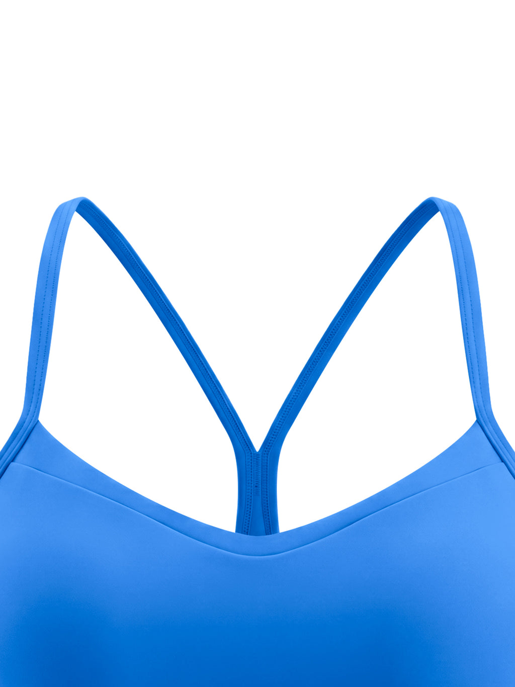 Blue sports bra with thin straps on a white background