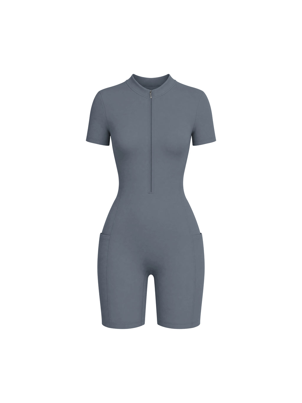 Gray jumpsuit with a front zipper on a white background
