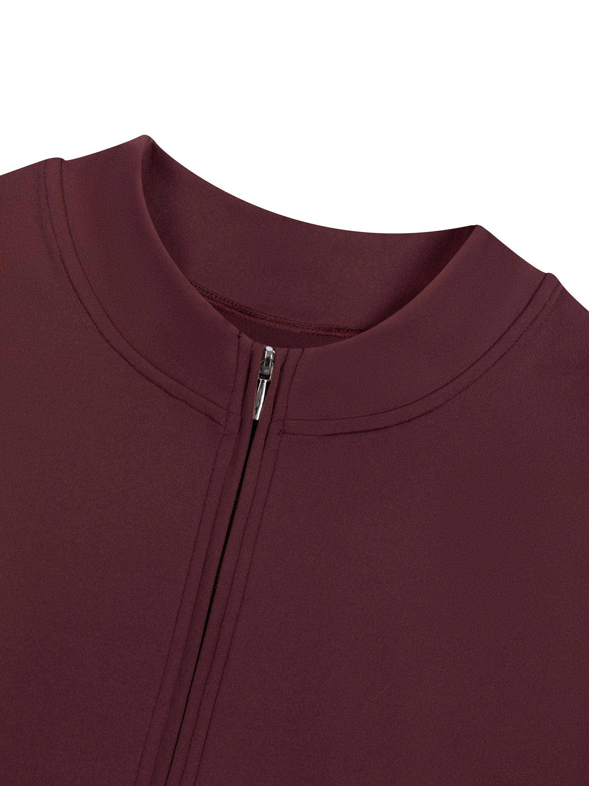 Close-up of a maroon zip-up garment on a white background