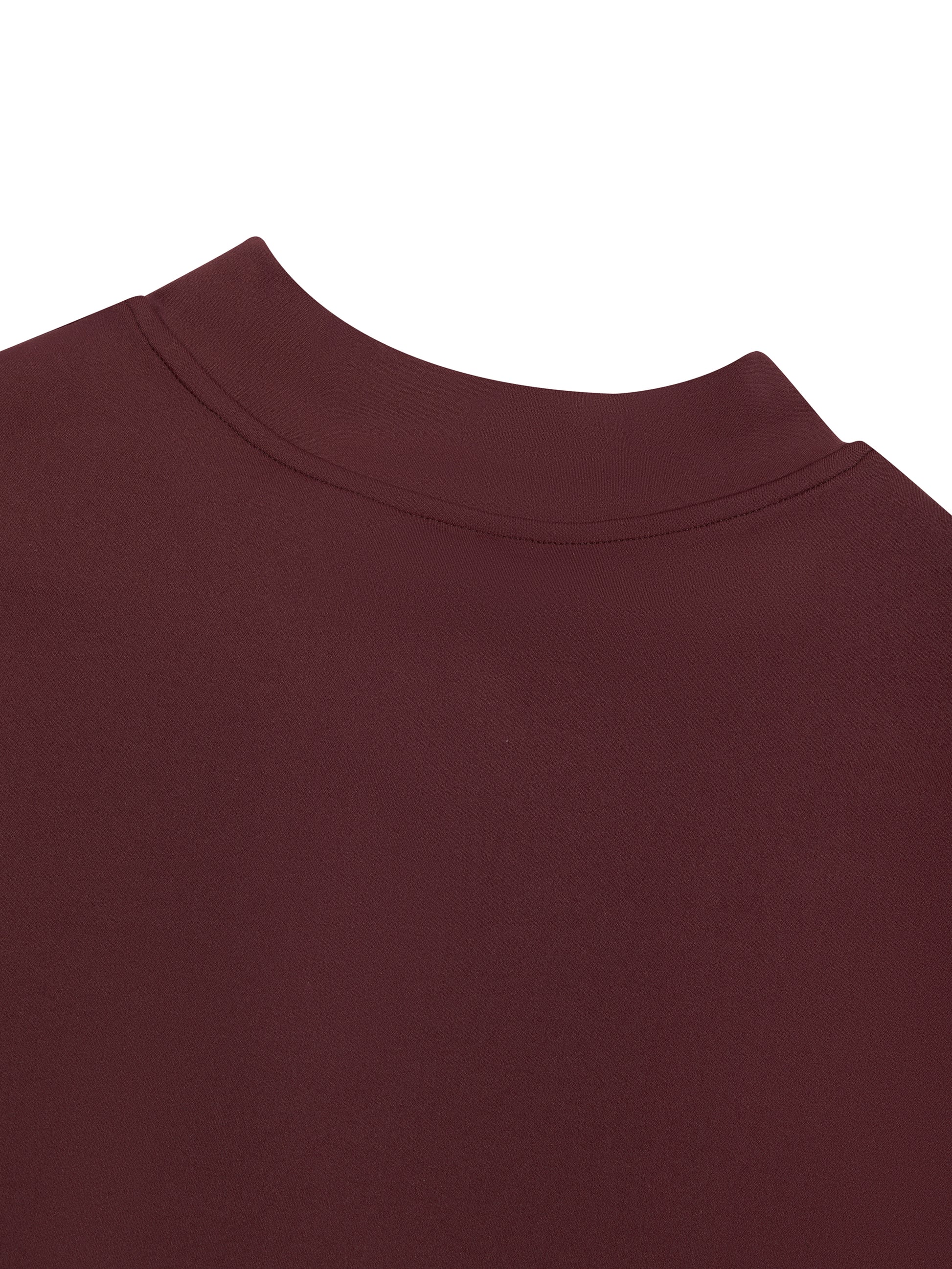 Close-up of a maroon garment with a collar on a white background